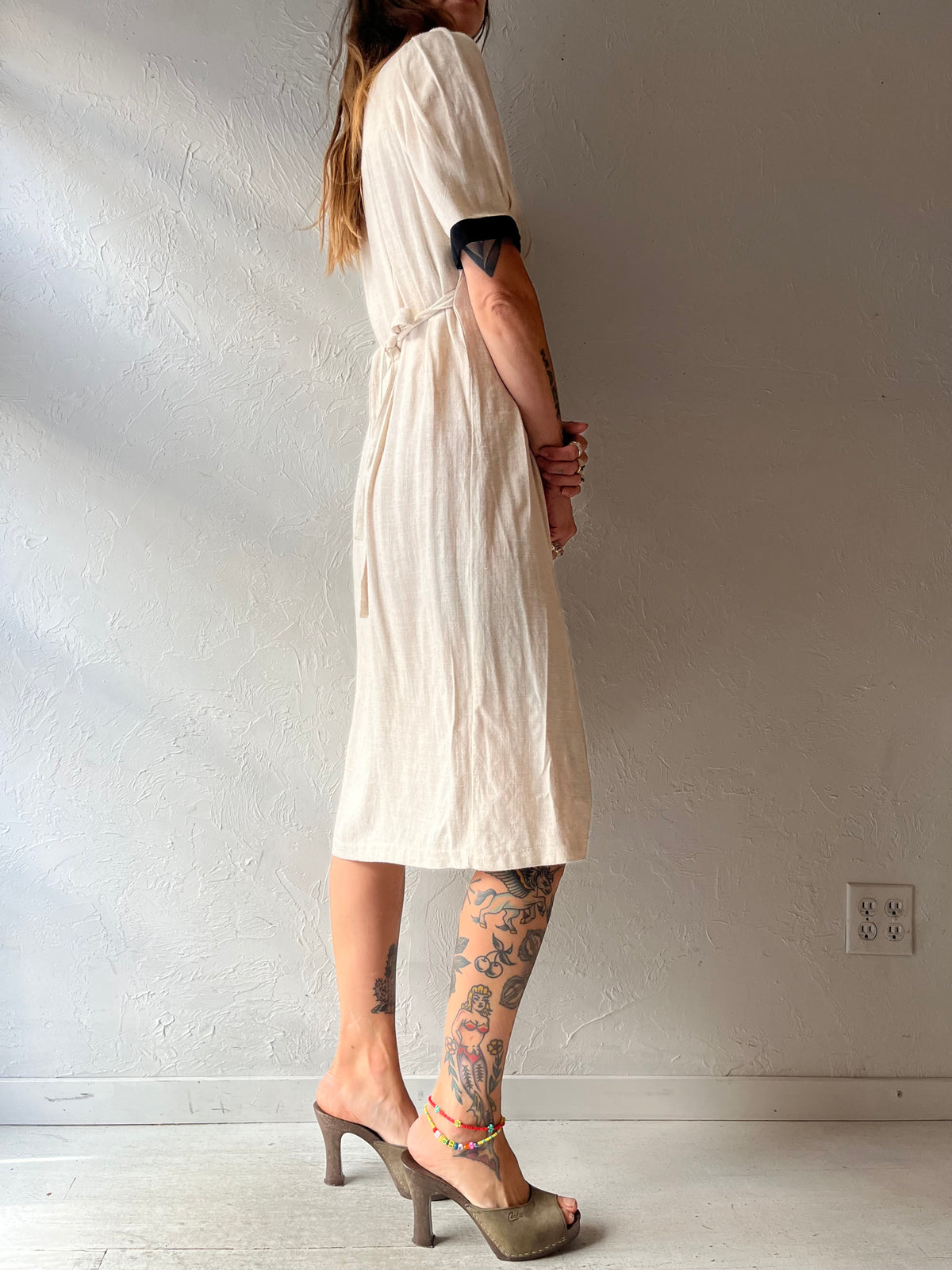 Vintage Cream Romantic Cottagecore Minimalist Button Up Midi Shirt Dress / Small