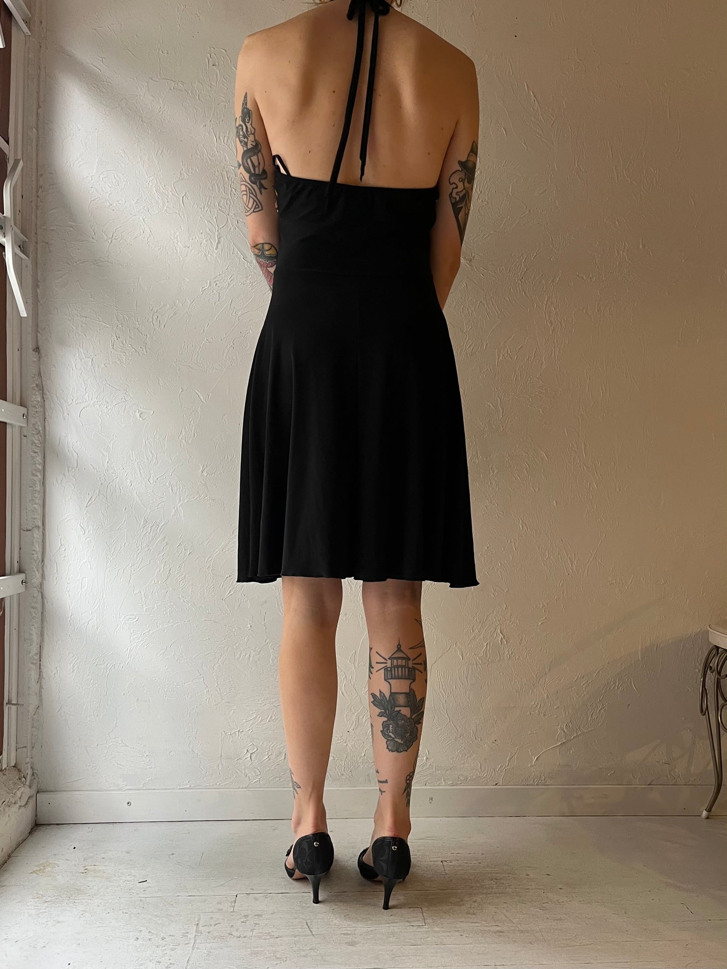 Y2k 'Jubi' Black Sliky Cheetah Halter Dress / Medium