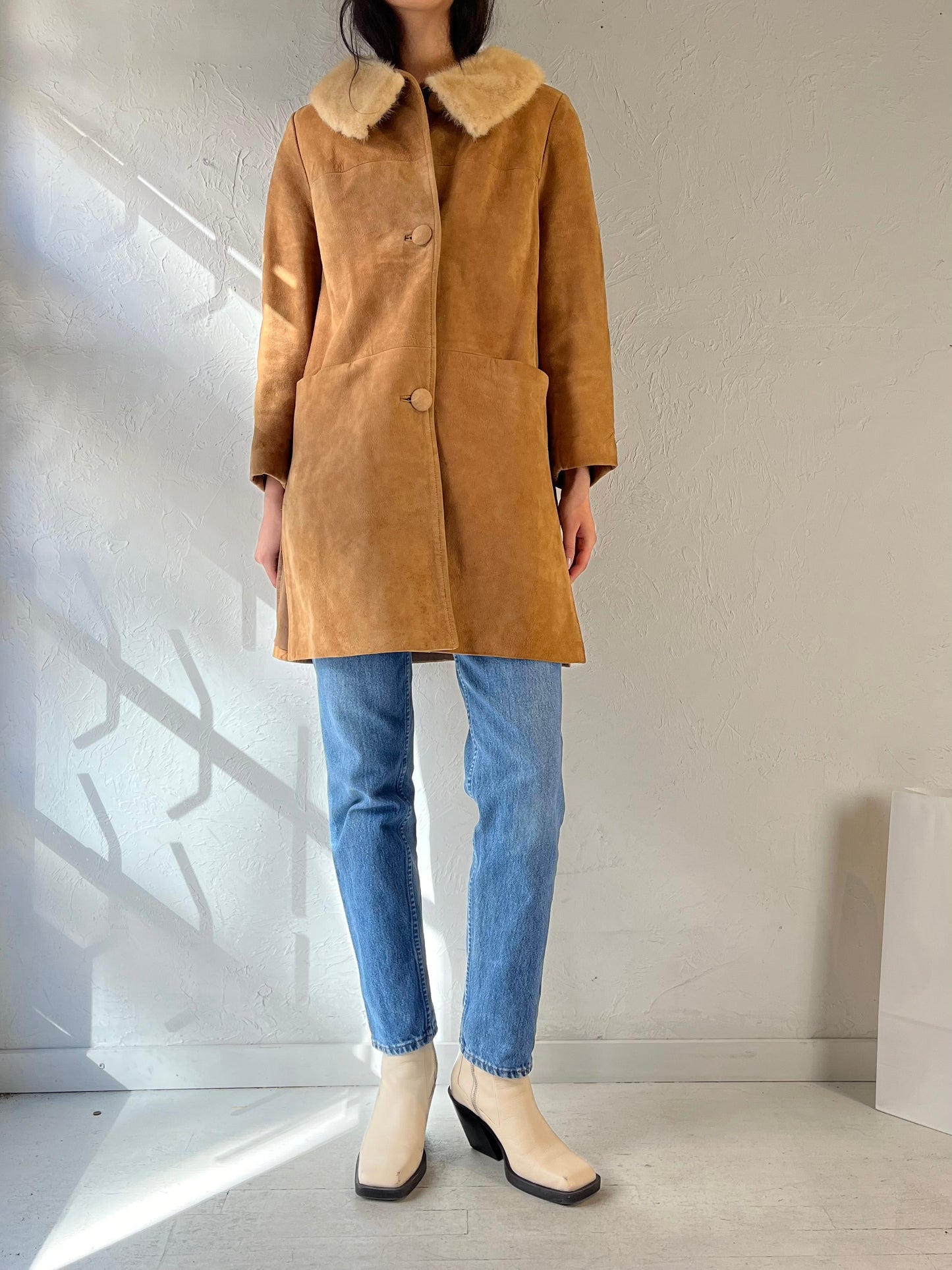 70s Suede Tan Leather Coat with Fur Trim / Small