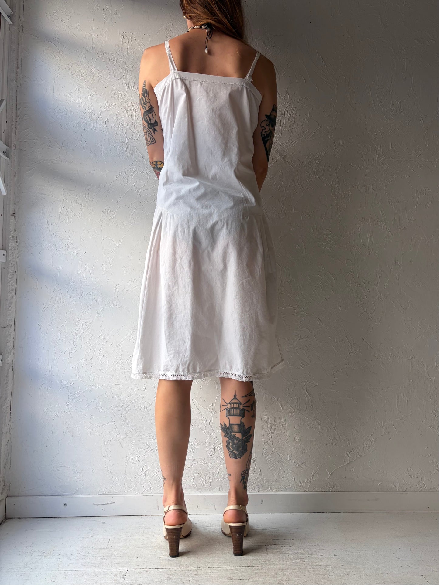 60s Handmade White Cotton Midi Dress / Medium