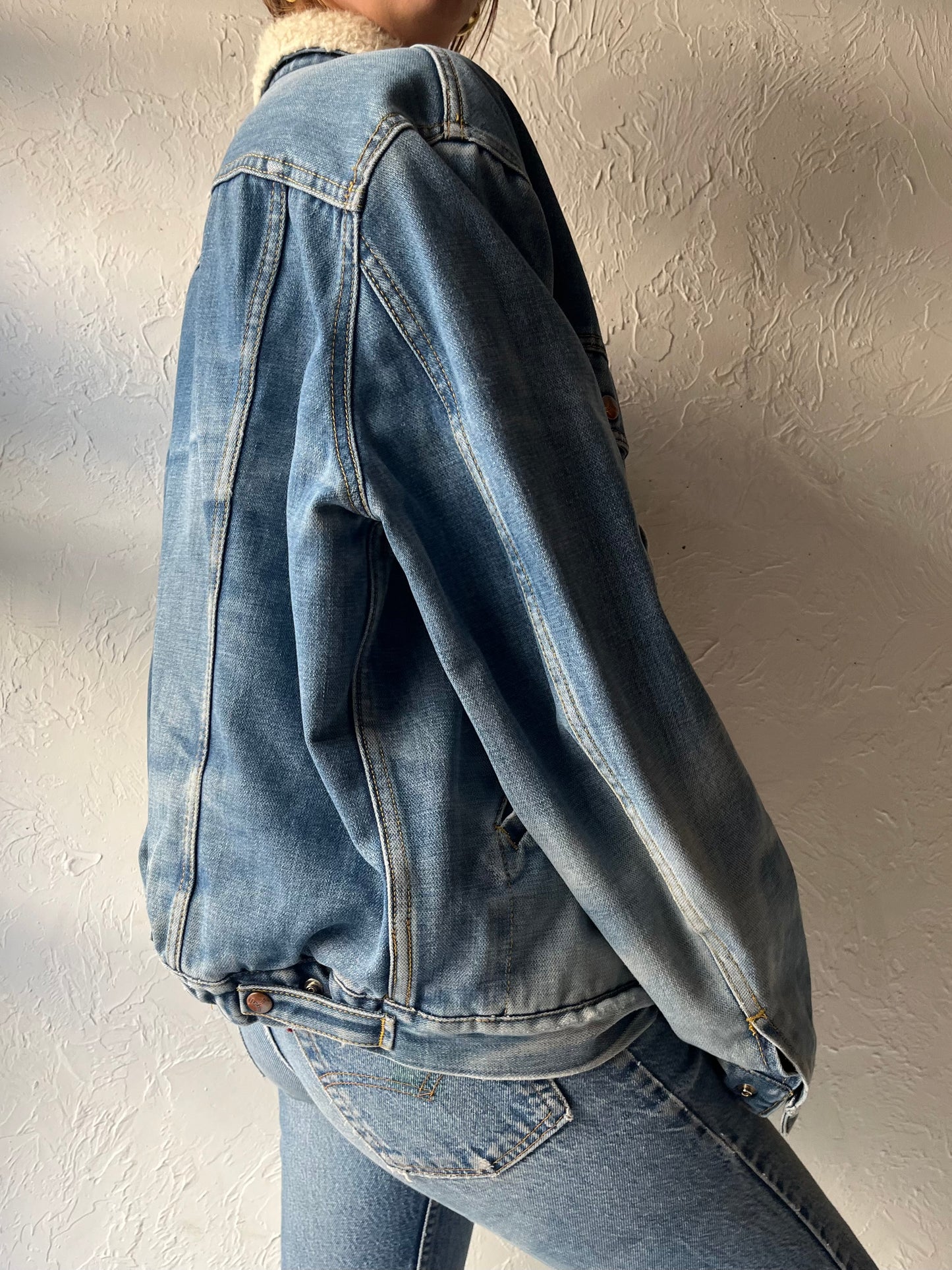 80s 'GWG' Faux Shearing Lined Denim Work Wear Classic Blue Trucker Jacket / Large