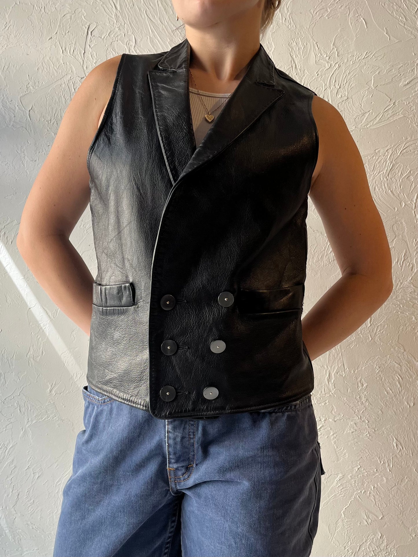 Vintage Black Leather Vest / Medium