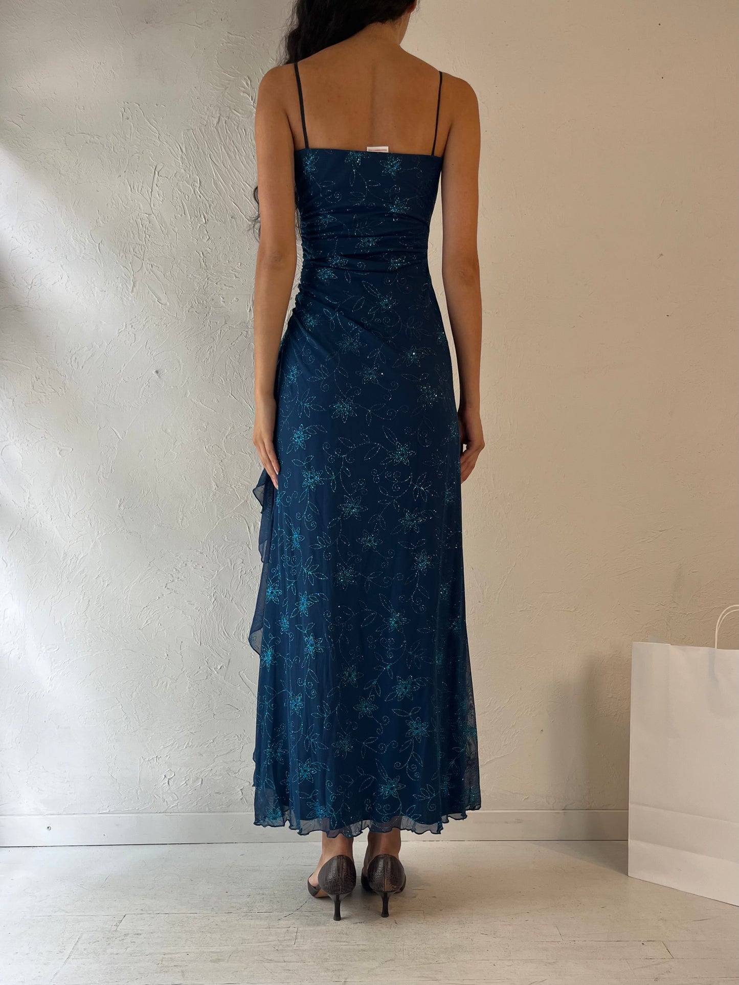 90s 'Mariposa' Blue Sparkly Dress / Small