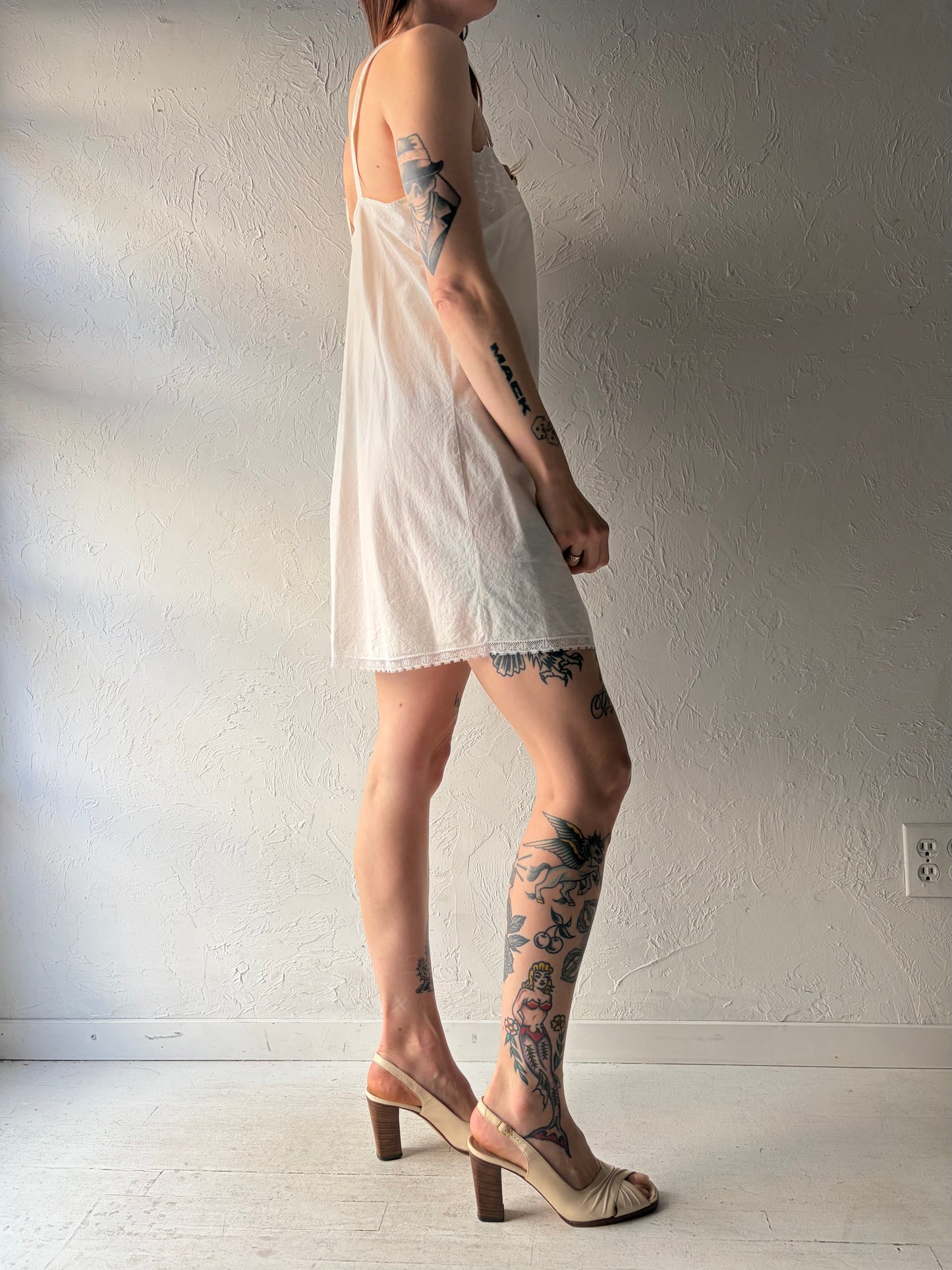 90s 'French Maid' White Cotton Mini Dress / Small