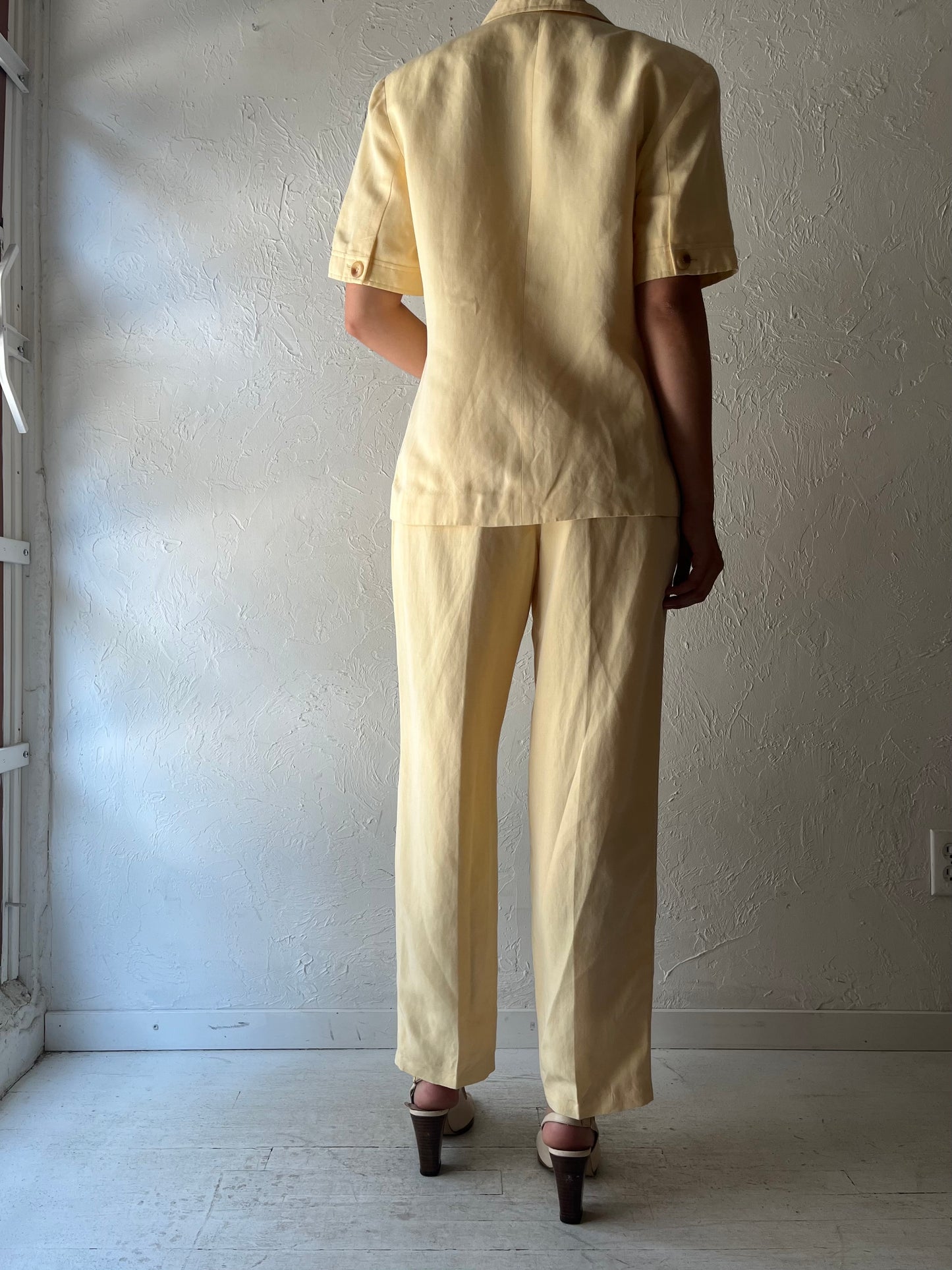 90s 'Ann Taylor' Yellow Normcore Pant & Shirt Summer Linen Set / Vintage 1990s Minimalist Matching Two Piece Set / Medium