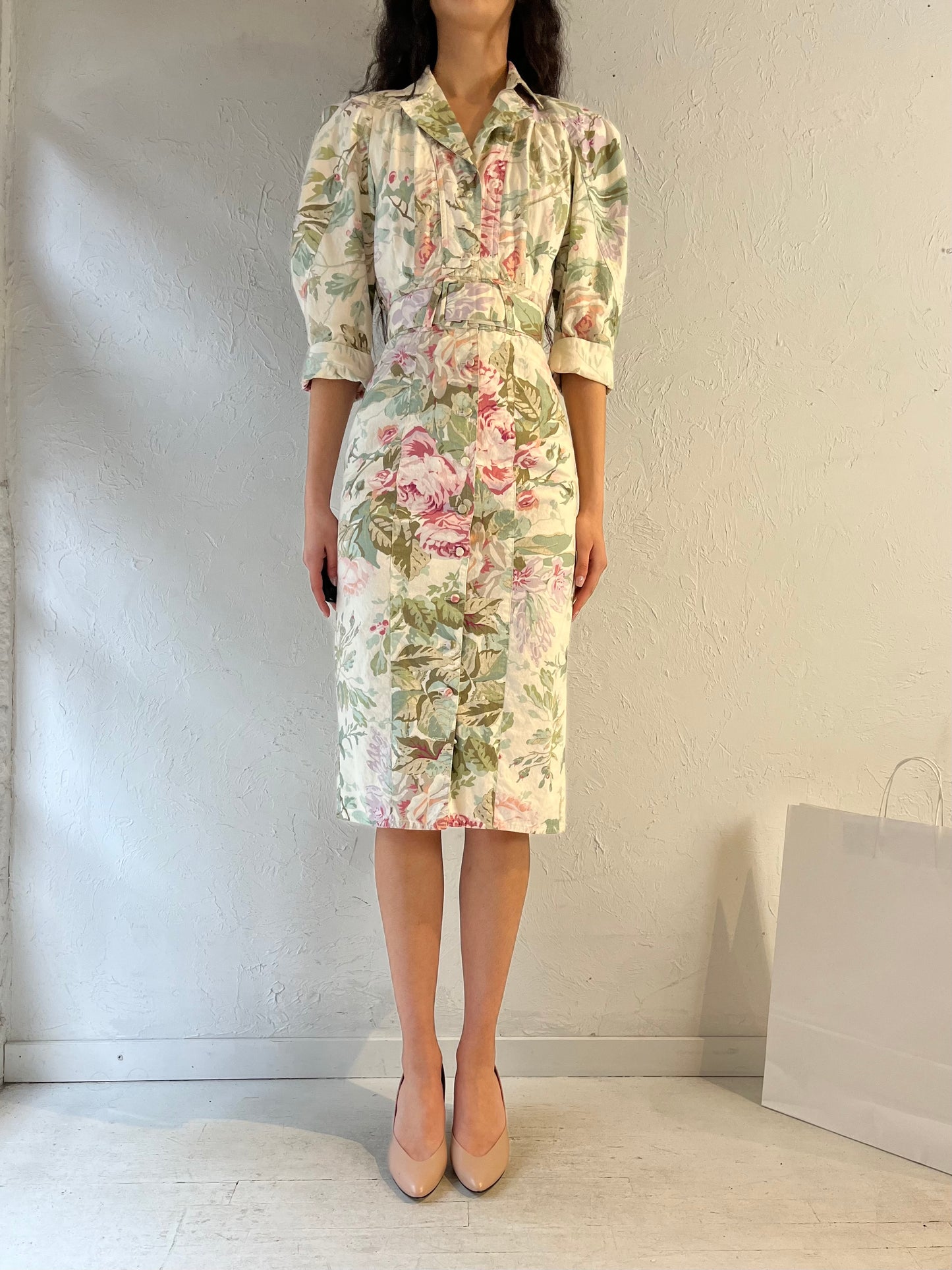 90s ‘Karen Alexander’ Collared Floral Shirt Dress/ Small