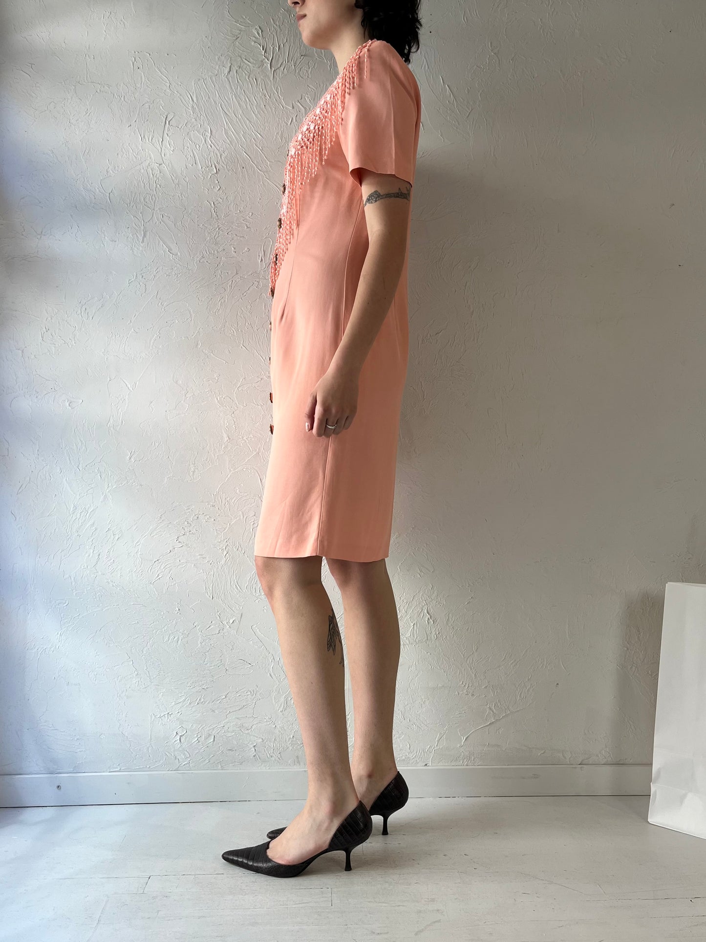 90s 'Petite Sophisticate' Pink Button Up Dress / Small