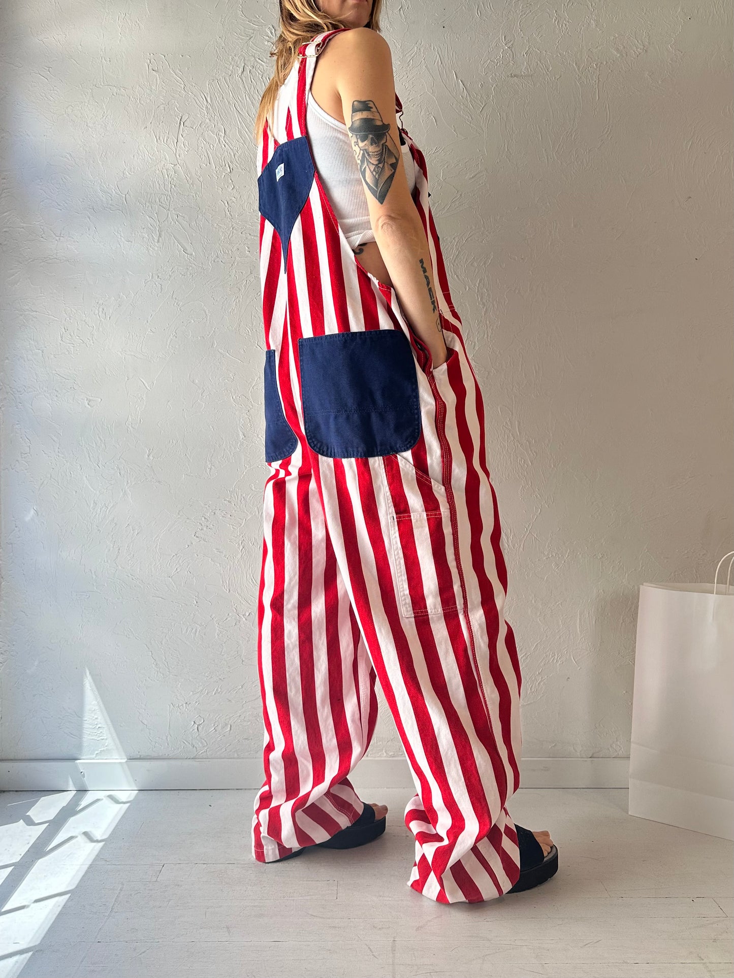 Y2k 'Liberty' Striped Denim Overalls / XL