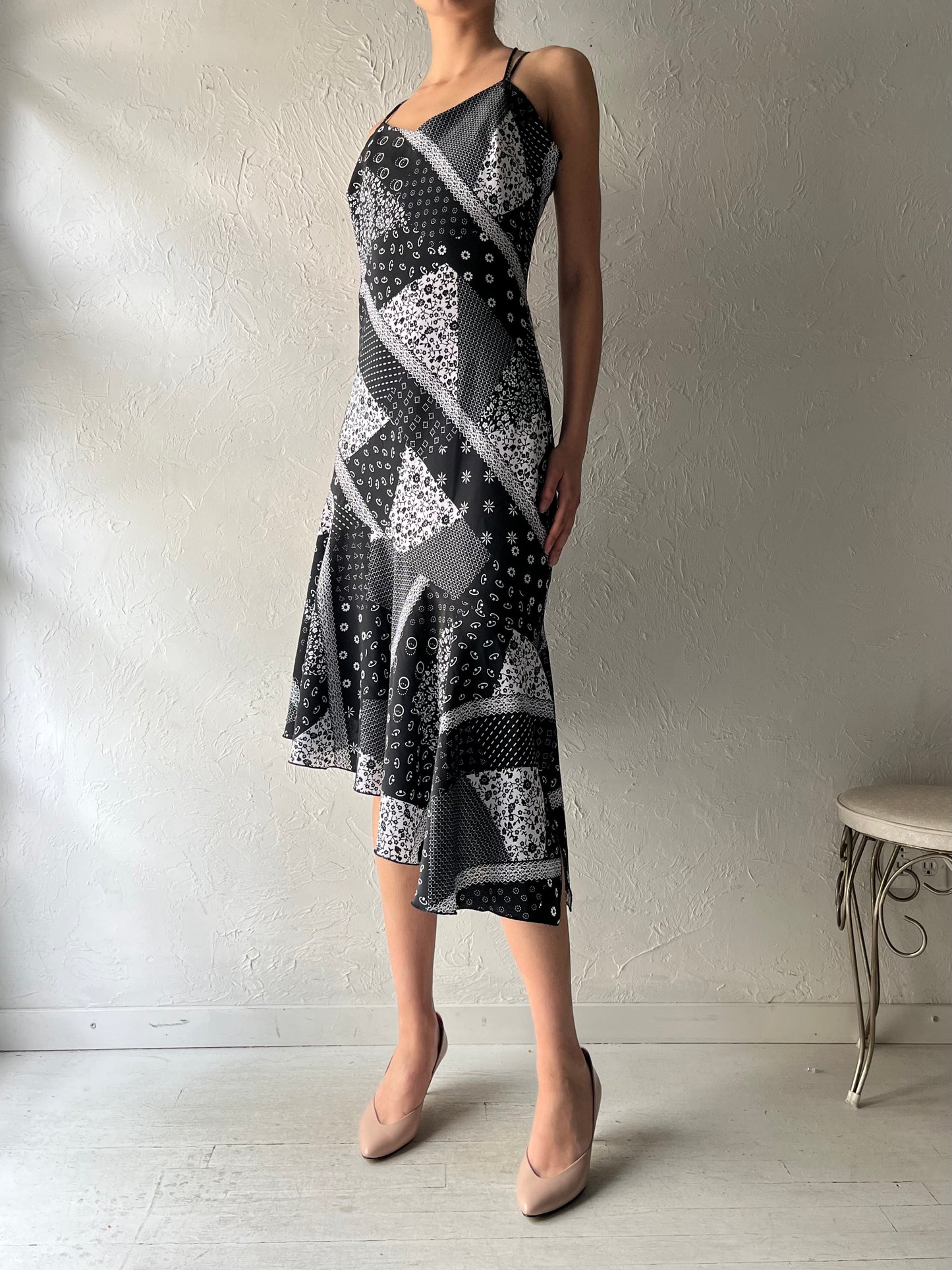90s 'Jessica' Black Asymmetrical Patchwork Dress / Medium