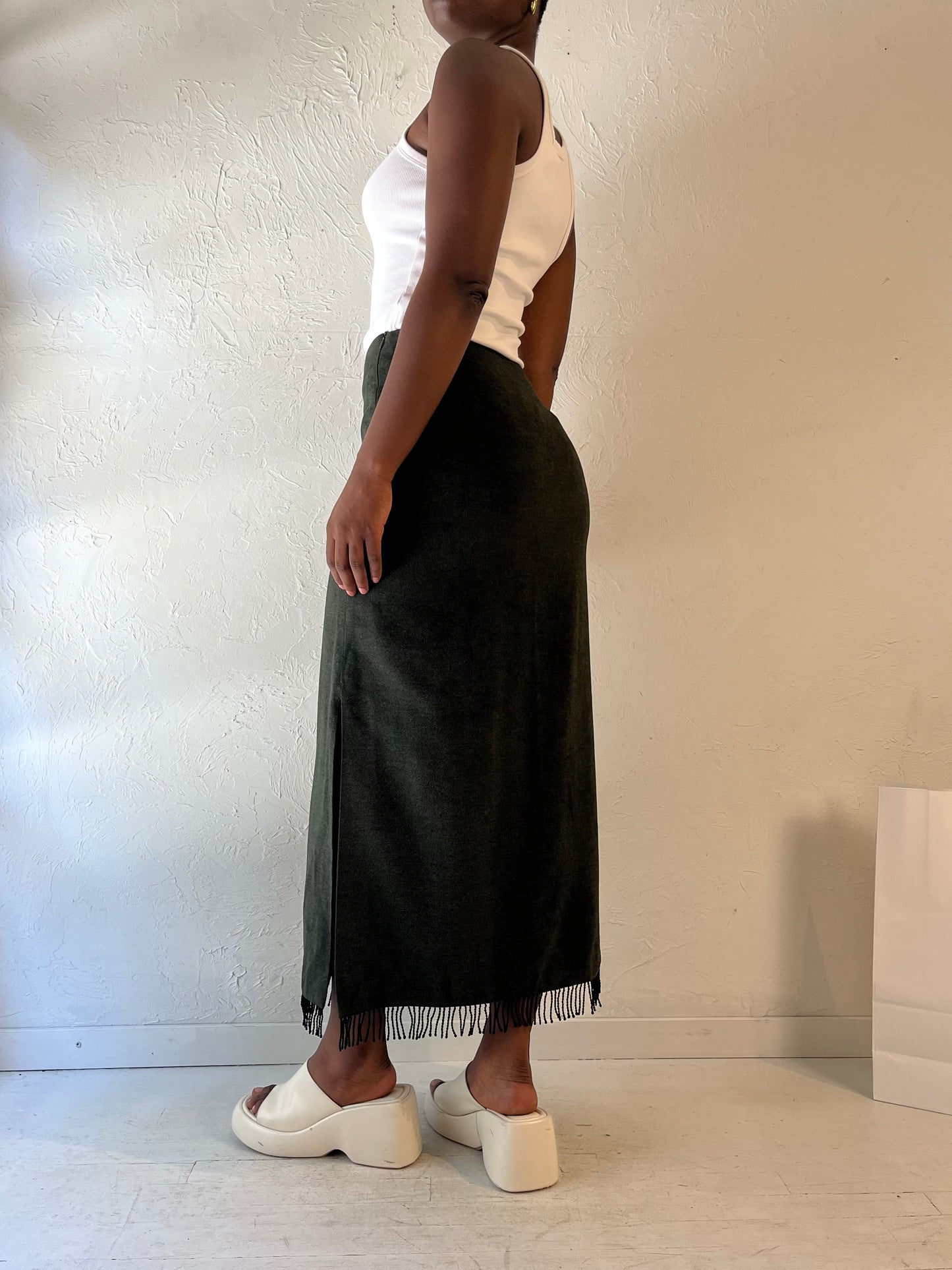 90s 'Dalia' Dark Green Micro Suede Maxi Skirt /  Medium