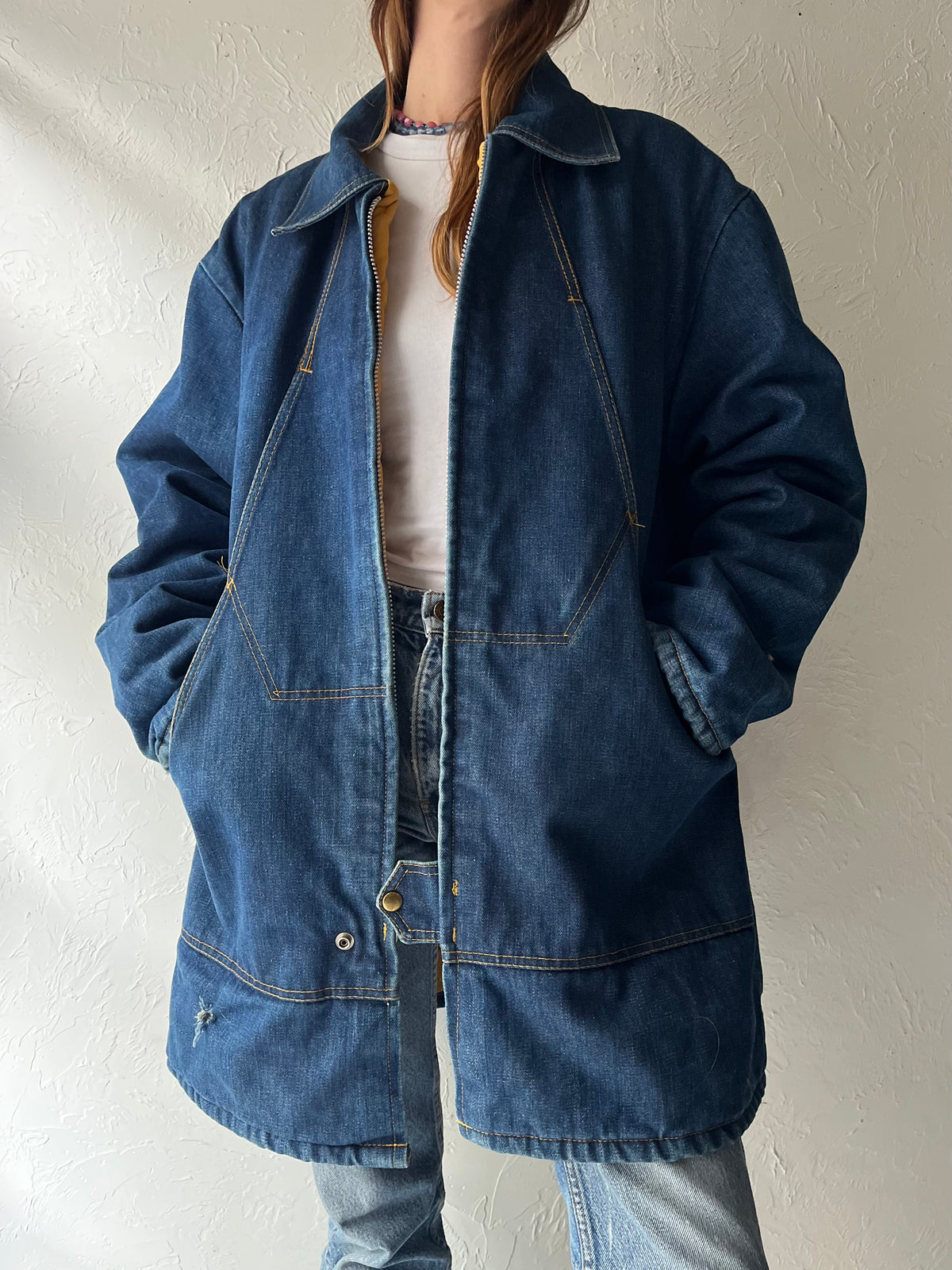 Vintage Blue Denim Chore Coat Quilted Lined Workwear Utility Jacket / XL