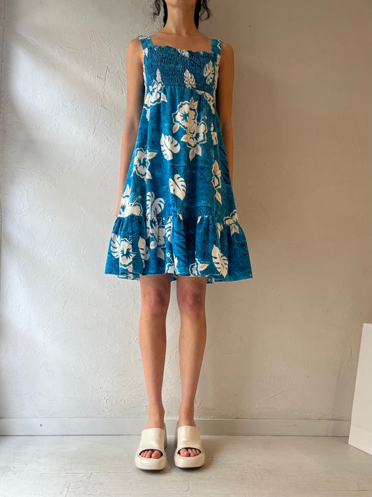 70s Blue Hawaiian Print Mini Dress / Small