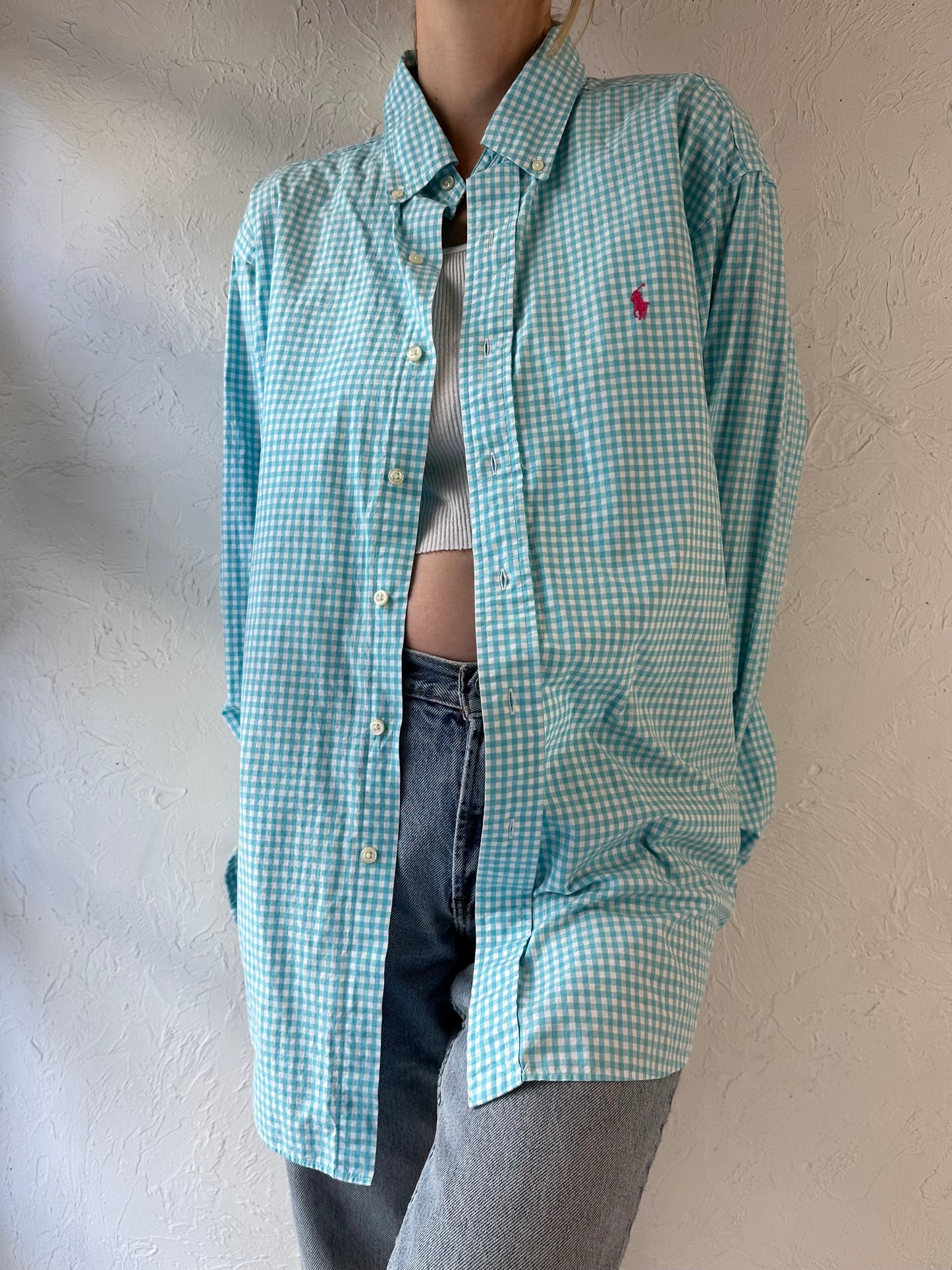 Y2k 'Ralph Lauren' Blue Gingham Cotton Shirt / XL