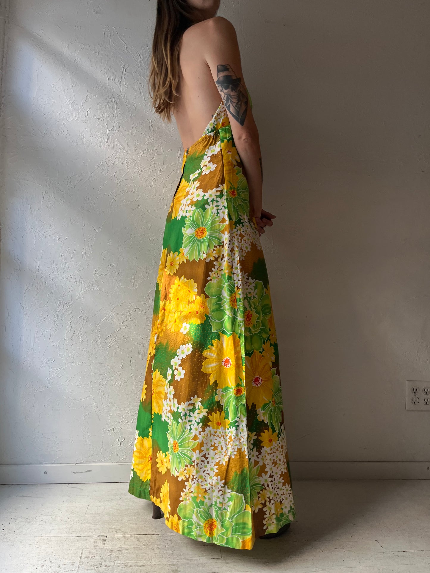 70s 'Marjorie Hamilton' Tropical Cotton Halter Maxi Dress / Small