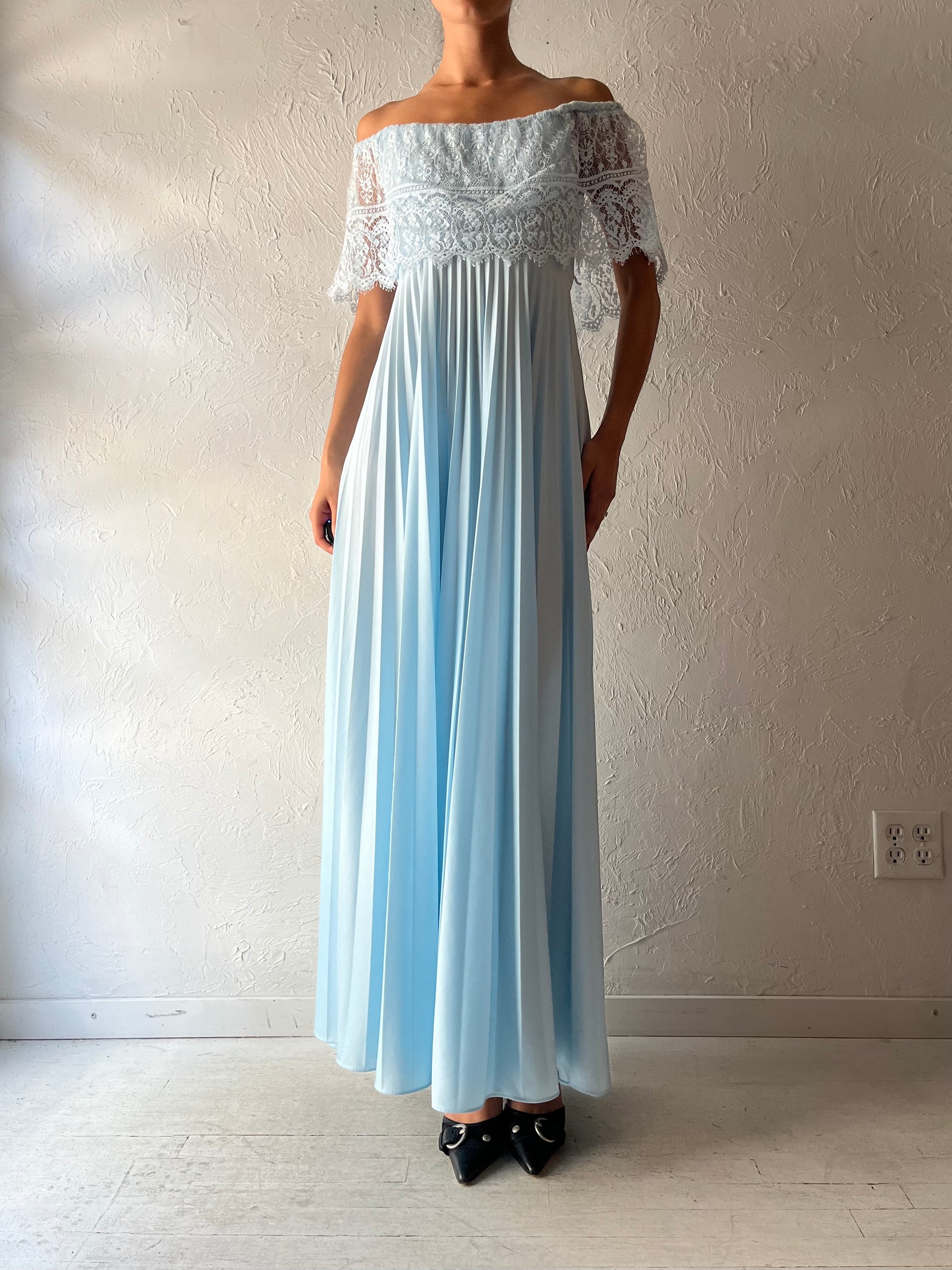 70s 'Sears' Baby Blue Off The Shoulder Formal Dress / Small