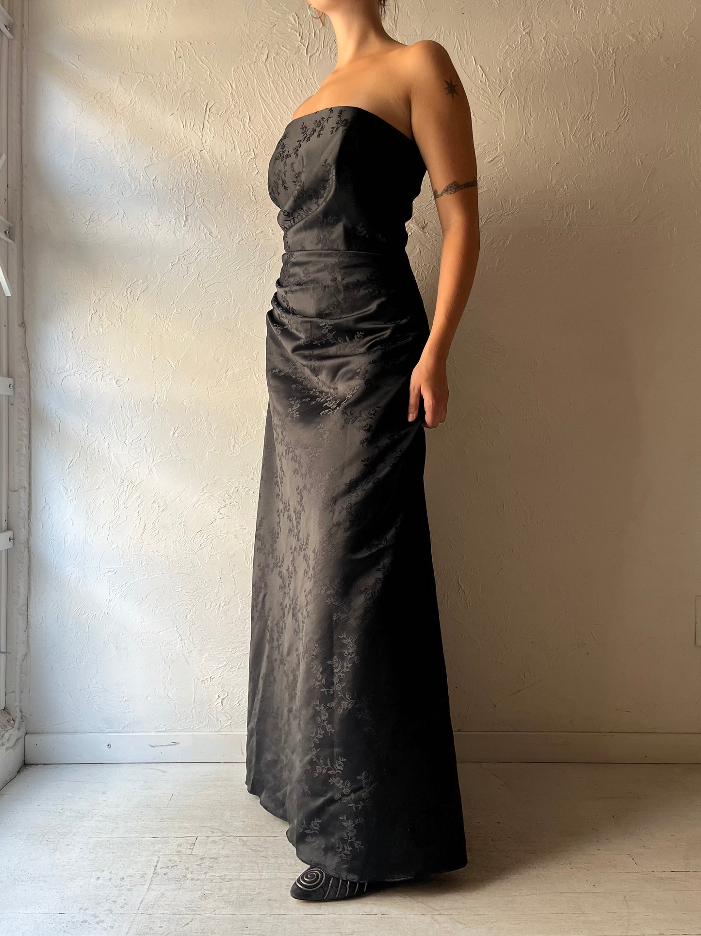 90s 'Urban Girl Nites' Black Romantic Strapless Formal Party Maxi Dress / Medium