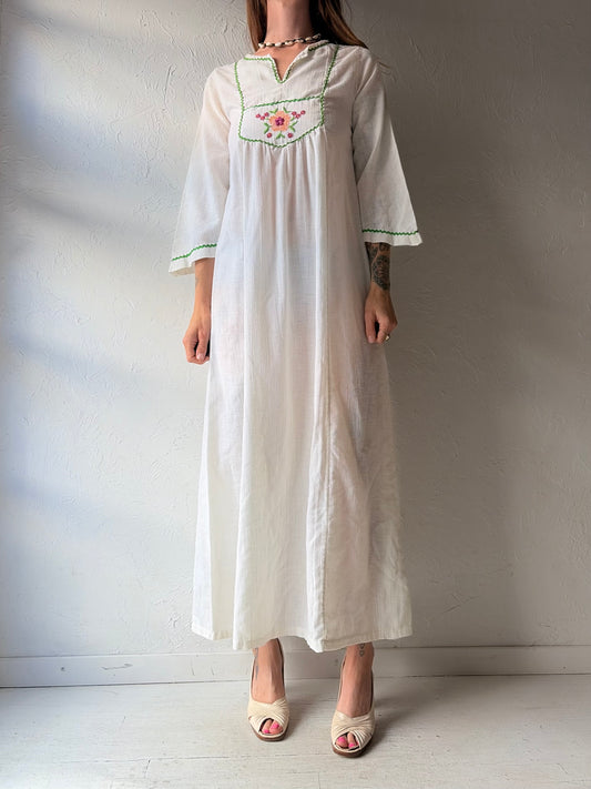 70s 'Leisure Fashions' Cotton Gauze Embroidered Maxi Dress / Small
