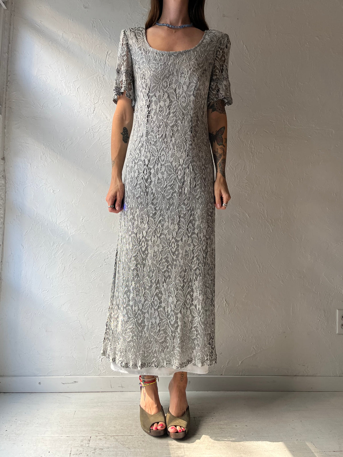 80s 'Michel Antoni' Silver Knit Floral Vintage Boho Romantic Evening Party Maxi Dress / Large