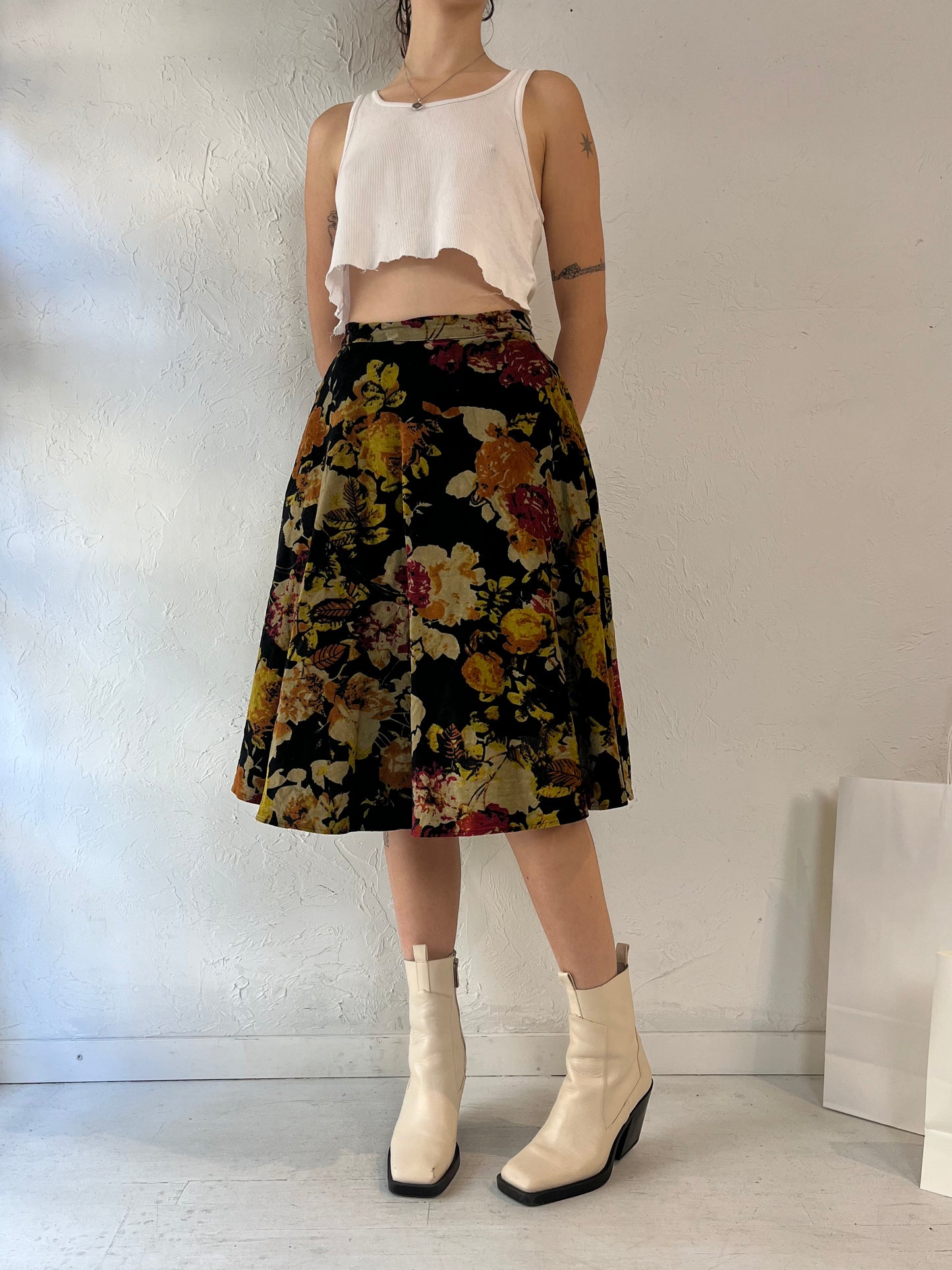 Y2k 'Tatyana' Floral Thick Cotton Velvet Midi Skirt / XS