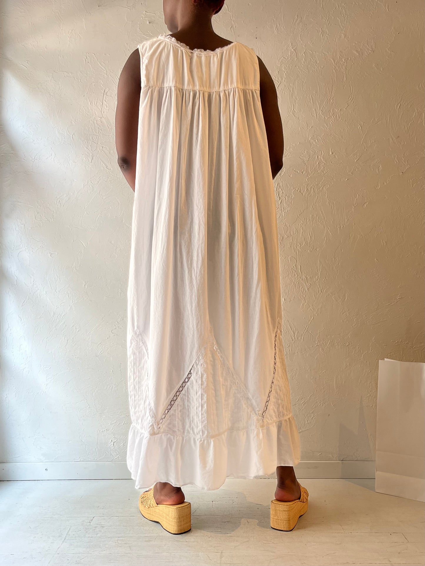 90s 'Eileen West' White Cotton Maxi Dress / Large