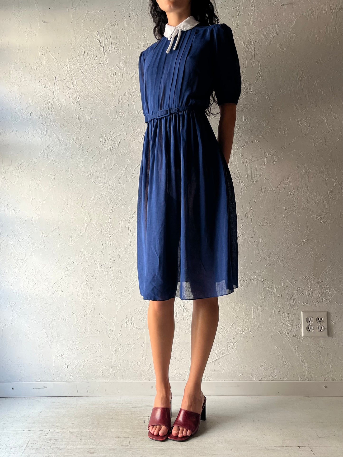 80s 'Xanadu' Blue Preppy Dark Academia Midi Shirt Dress / Small