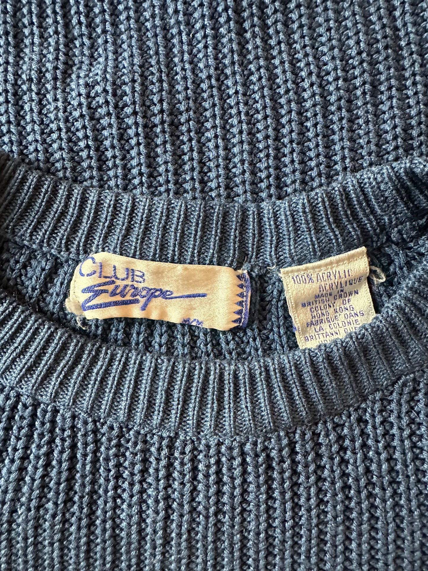 90s 'Club Europe' Blue Acrylic Knit Sweater / Medium