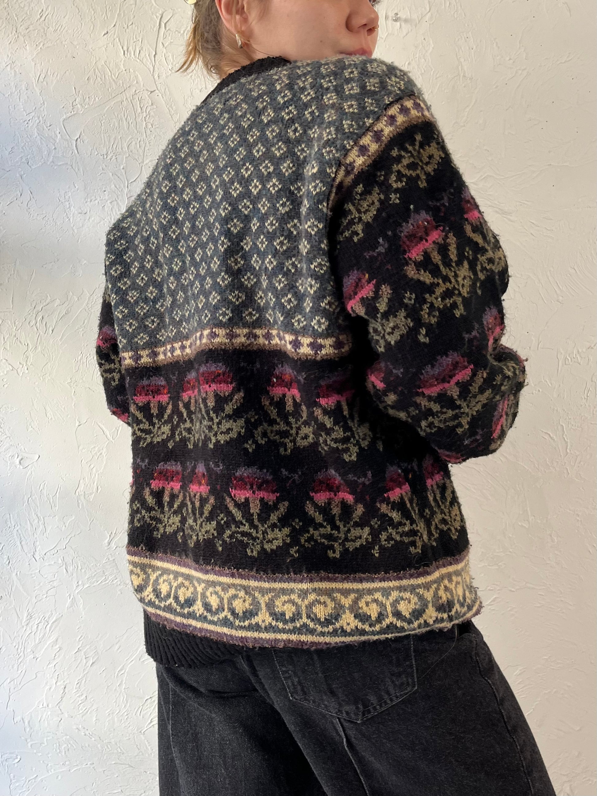 70s ‘Import Workshop’ Floral Knit Cardigan / Medium