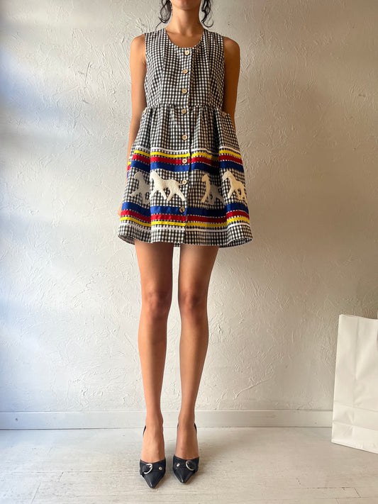 90s 'Studio Ease' Black Gingham Button up Mini Dress / Small
