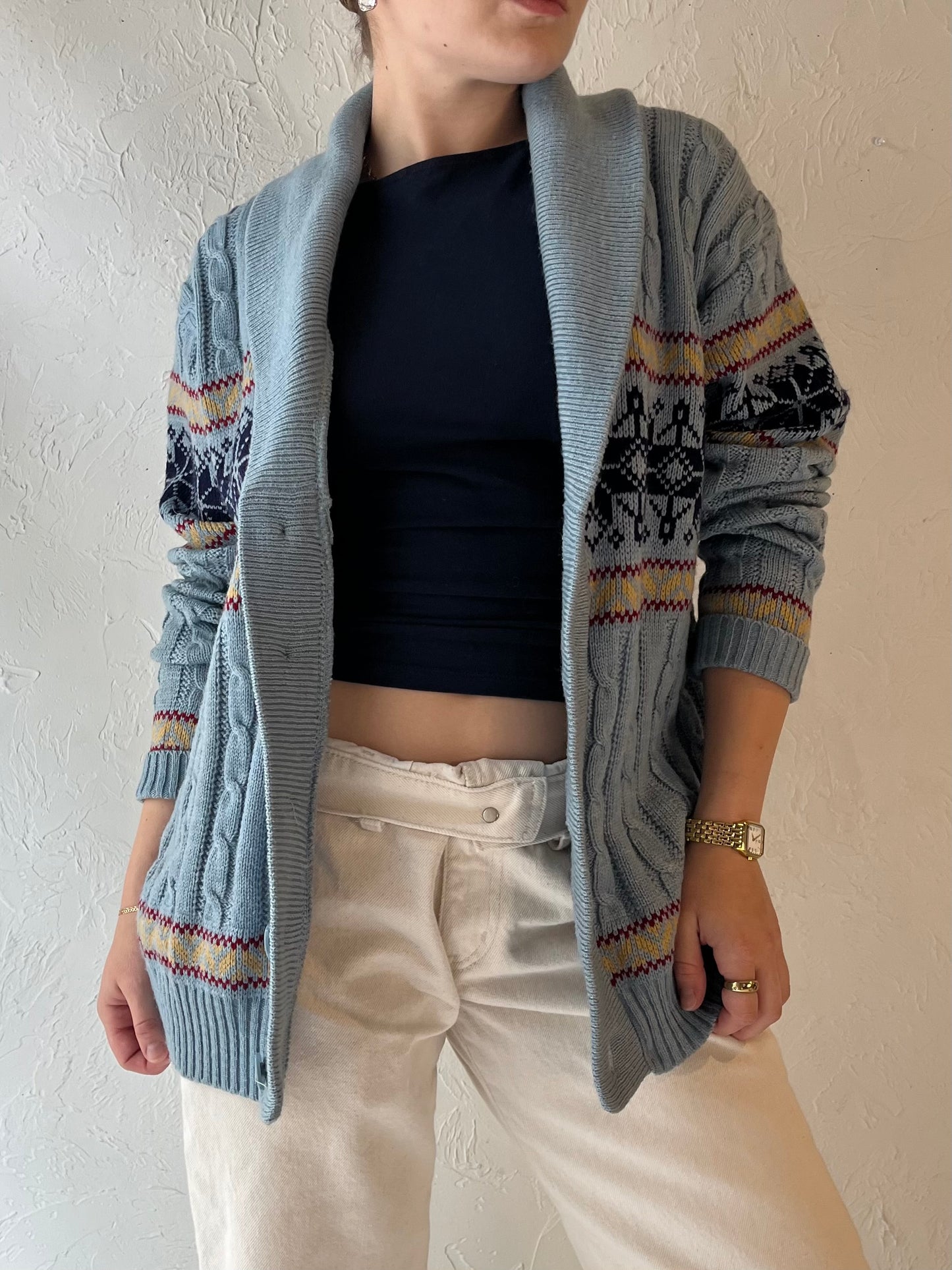 80s 'Kentfield' Blue Knit Cardigan Sweater / Medium