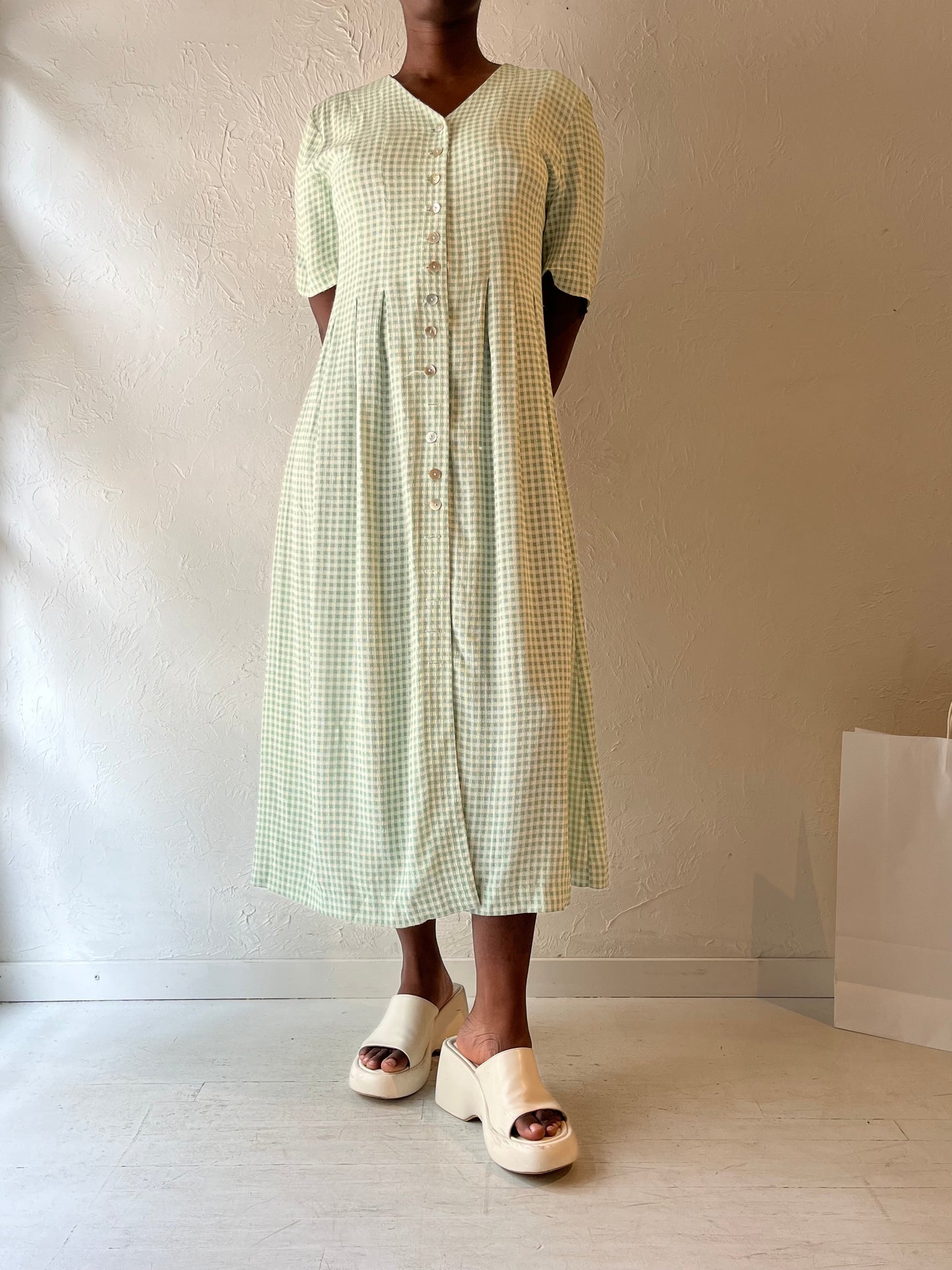 90s 'Lady Carol' Green Gingham Midi Dress / Large