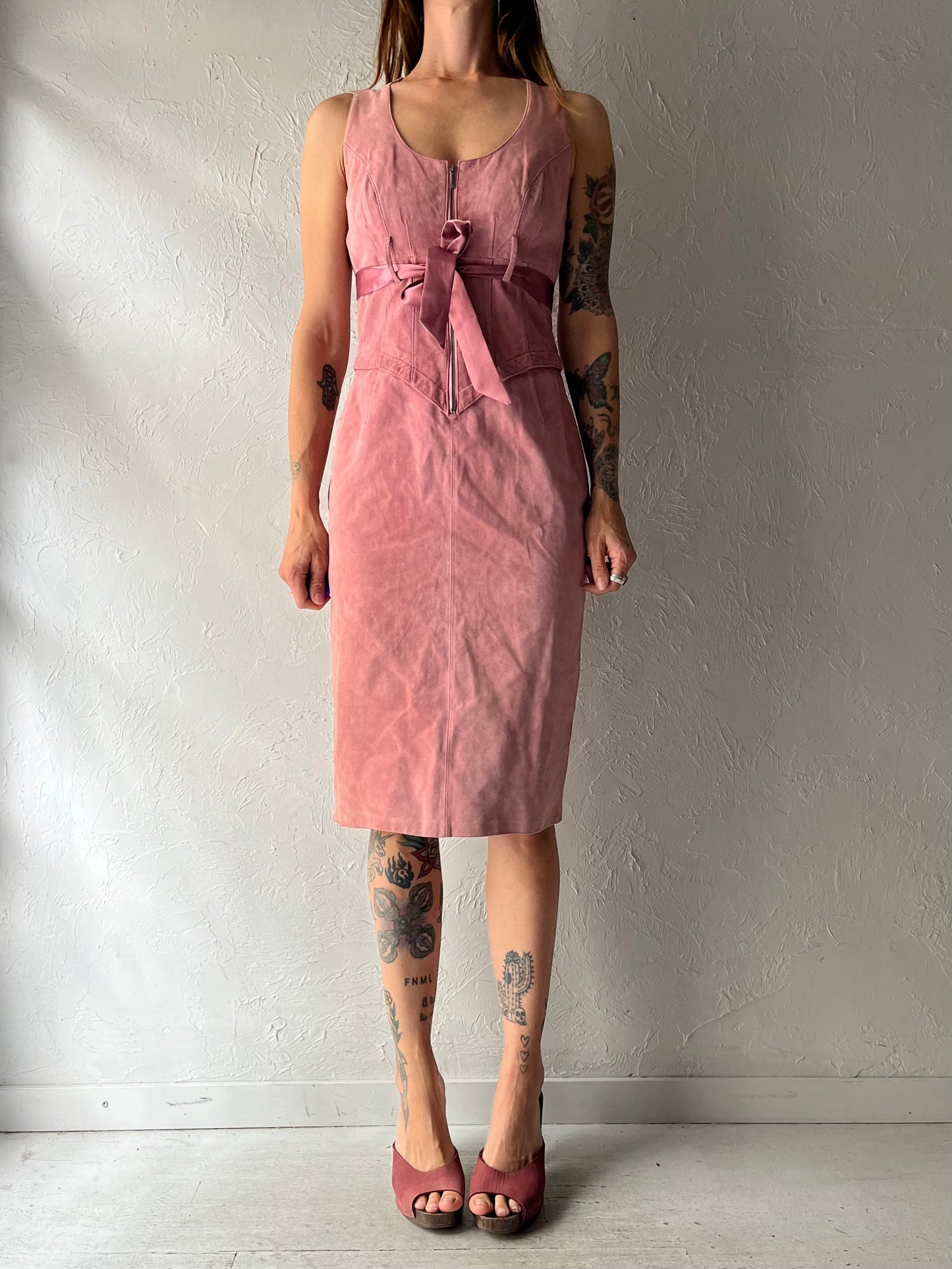 90s 'Danier' Pink Suede Fitted Sleeveless Fall Dress / Small