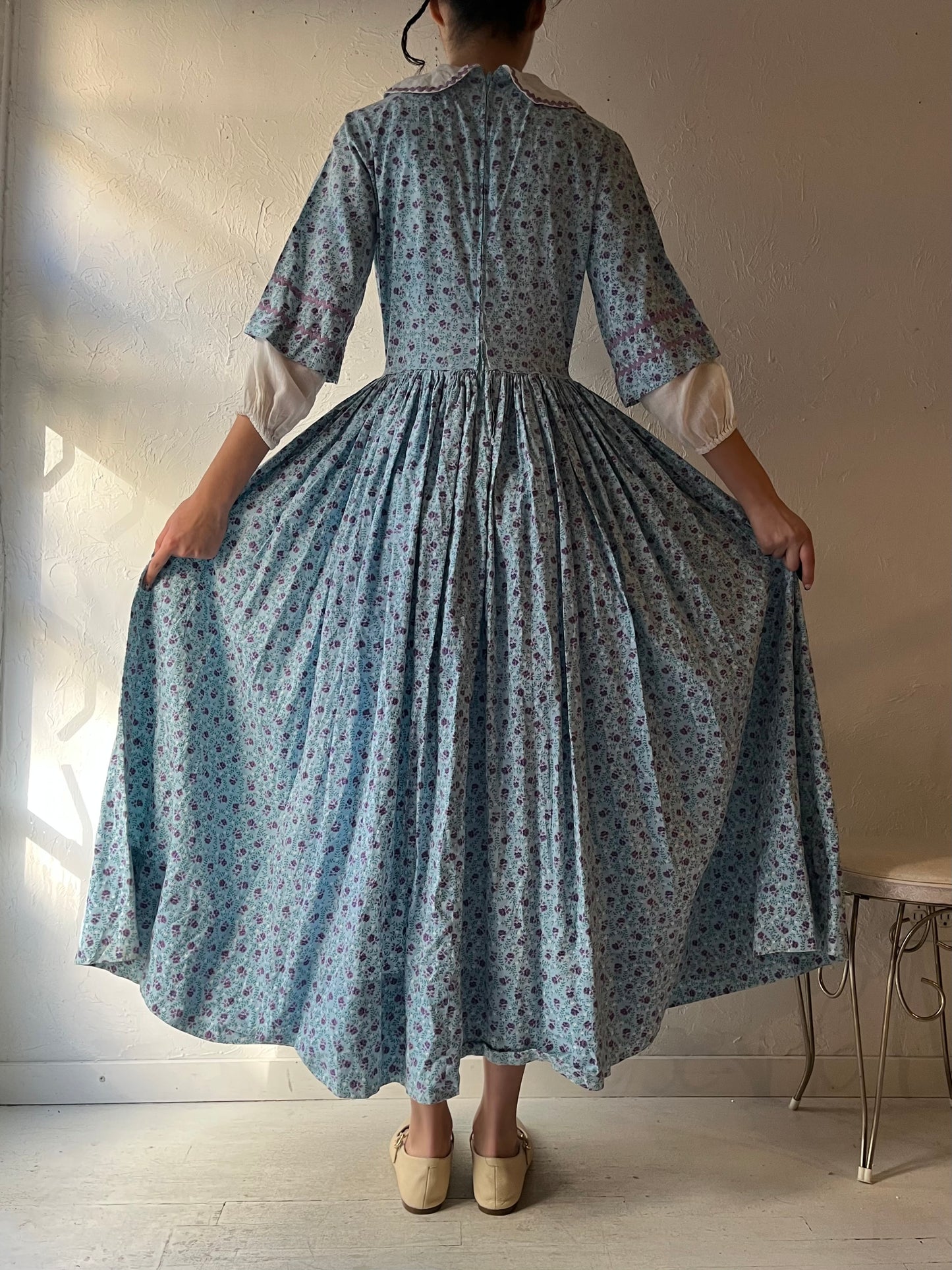 Vintage Handmade Blue Baby Blue Floral Peasant Maxi Dress / Small