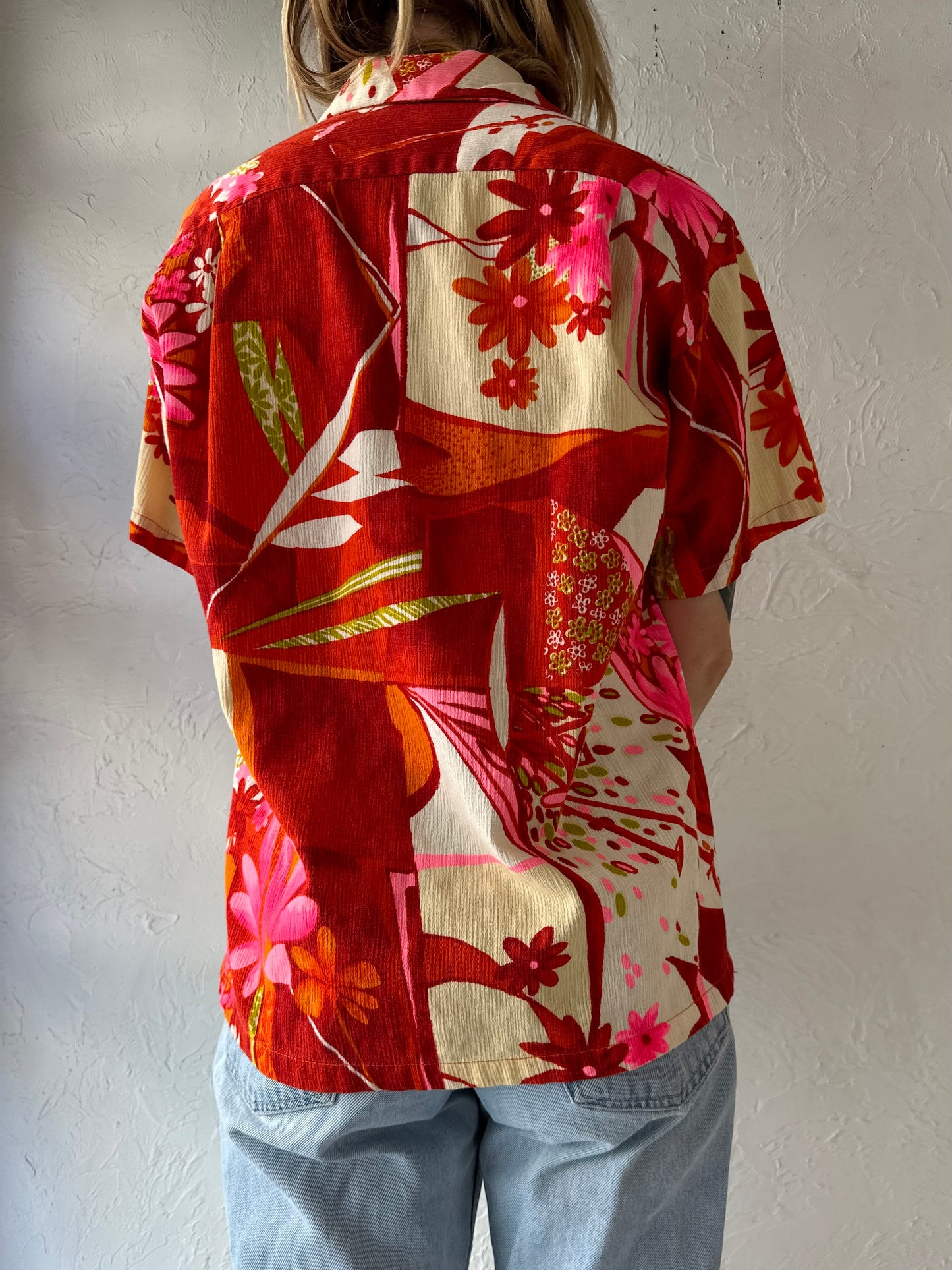 70s Red Cotton Hawaiian Shirt / Medium