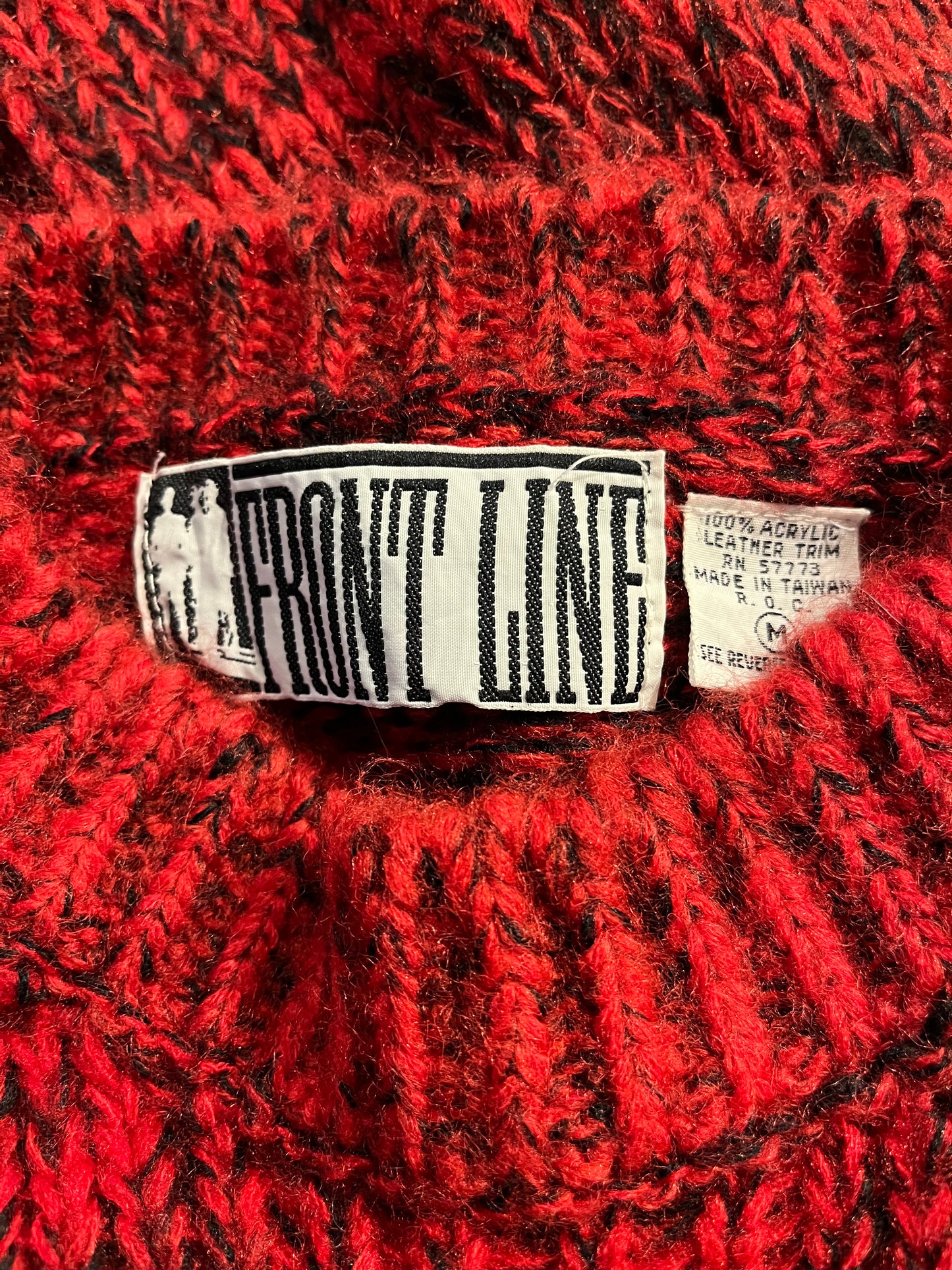 90s 'Front Line' Red Acrylic Knit Sweater / Medium