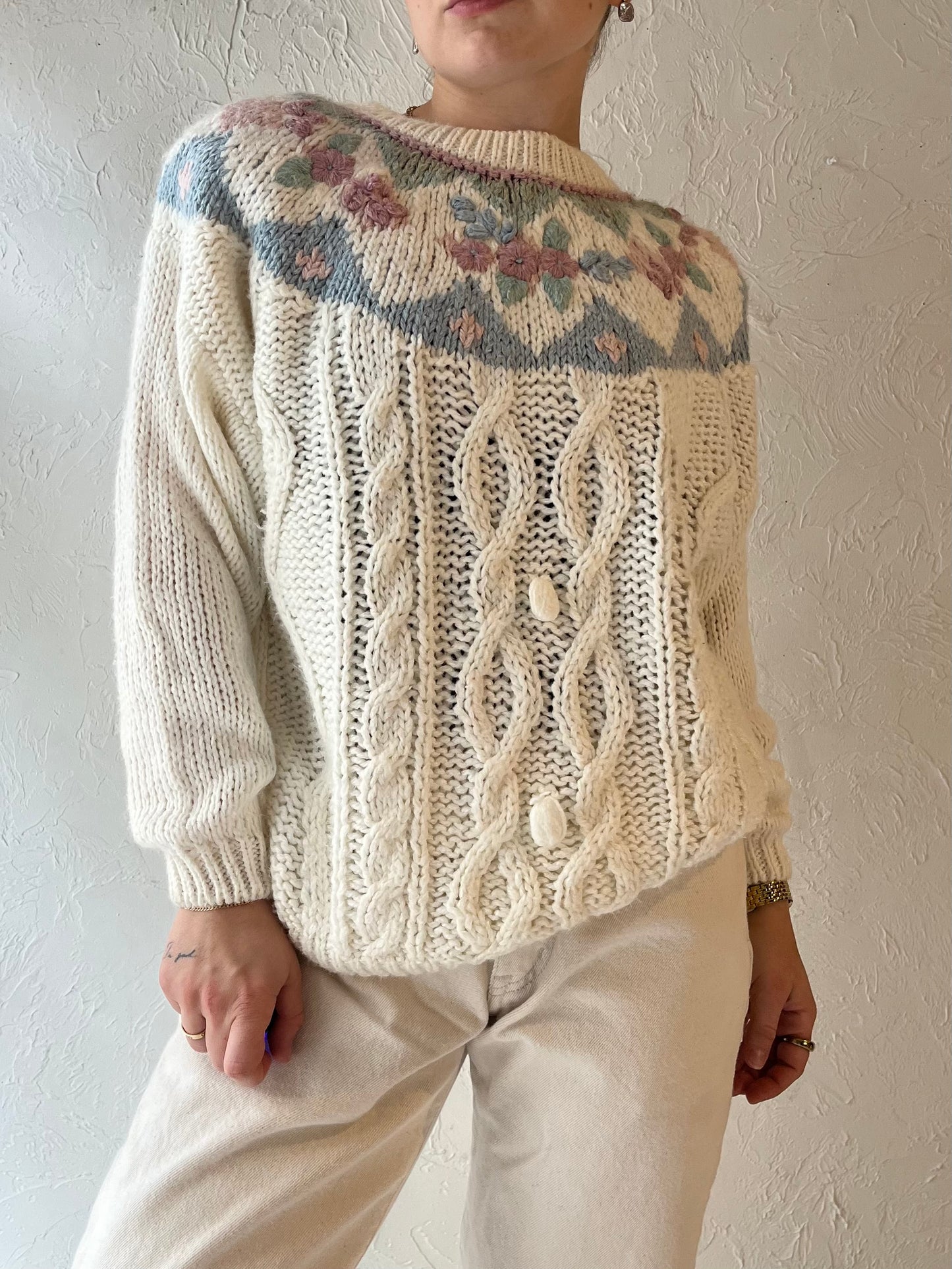 90s 'Needles & Yarn' Floral Knit Sweater / Medium