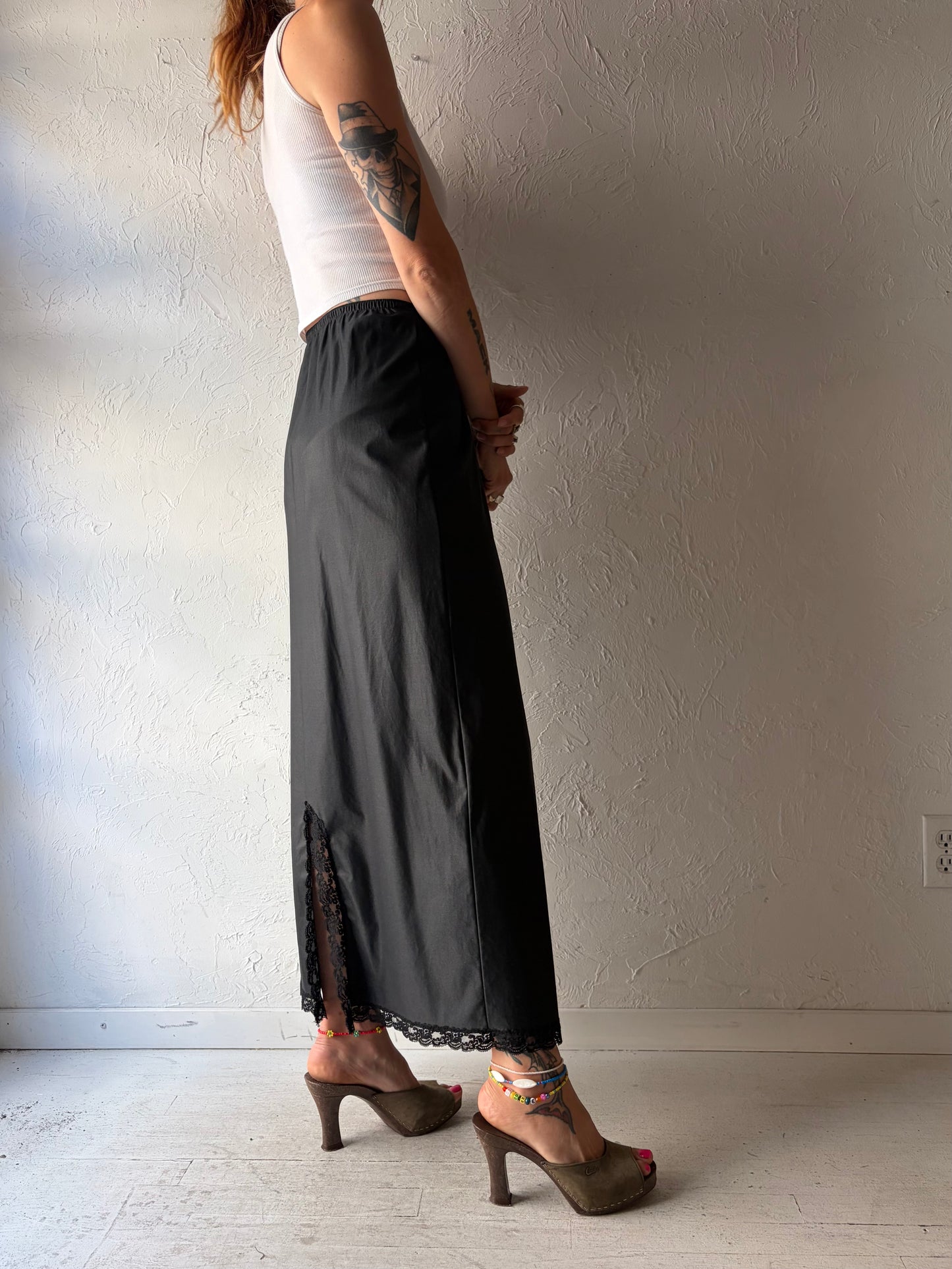 90s 'Kayser' Black Gothcore Dark Academia Maxi Slip Skirt / Small - Medium