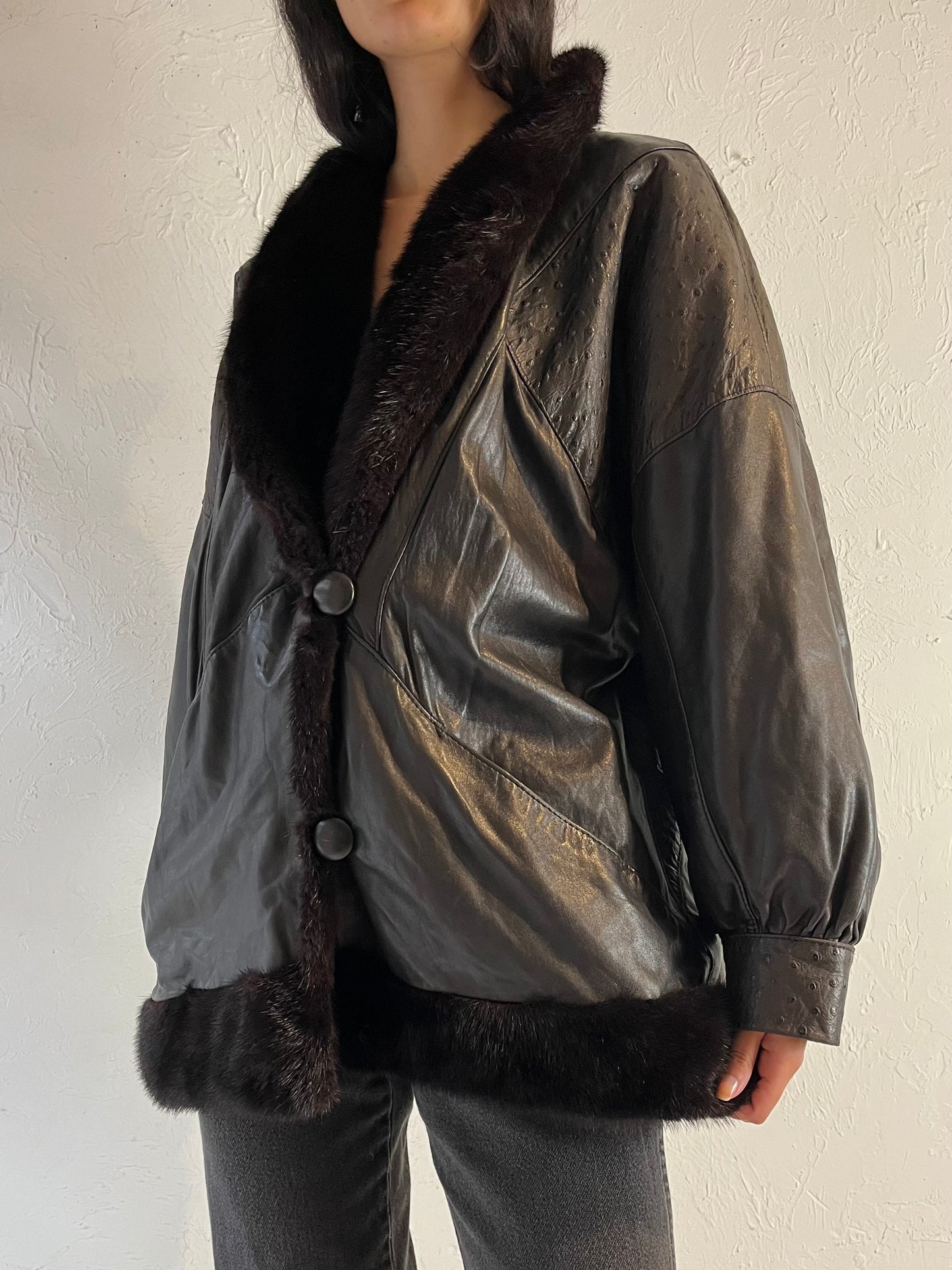 80s Black Leather Jacket / Medium