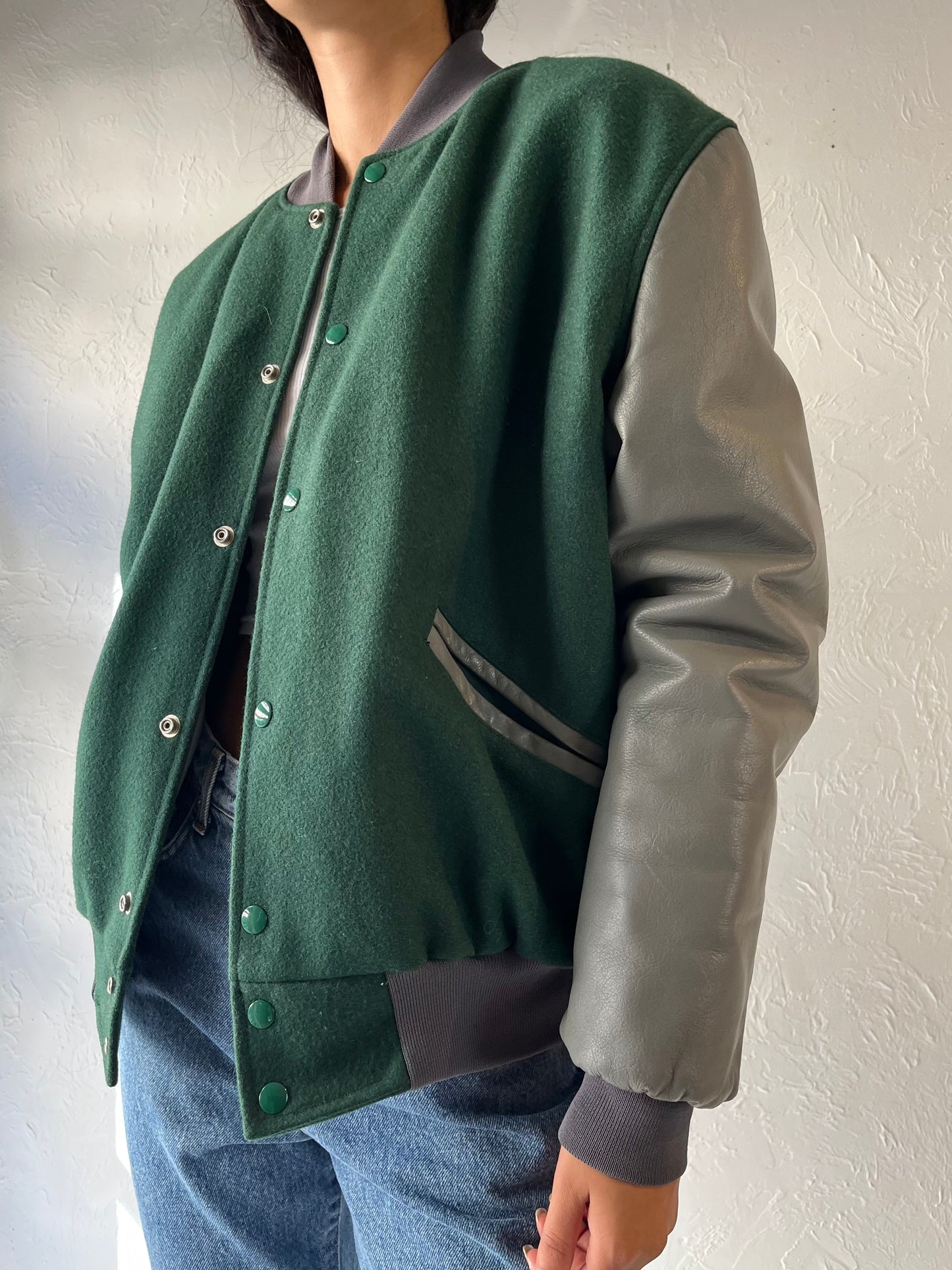 80s 'Chevron' Green Wool Leather Bomber Jacket / Medium