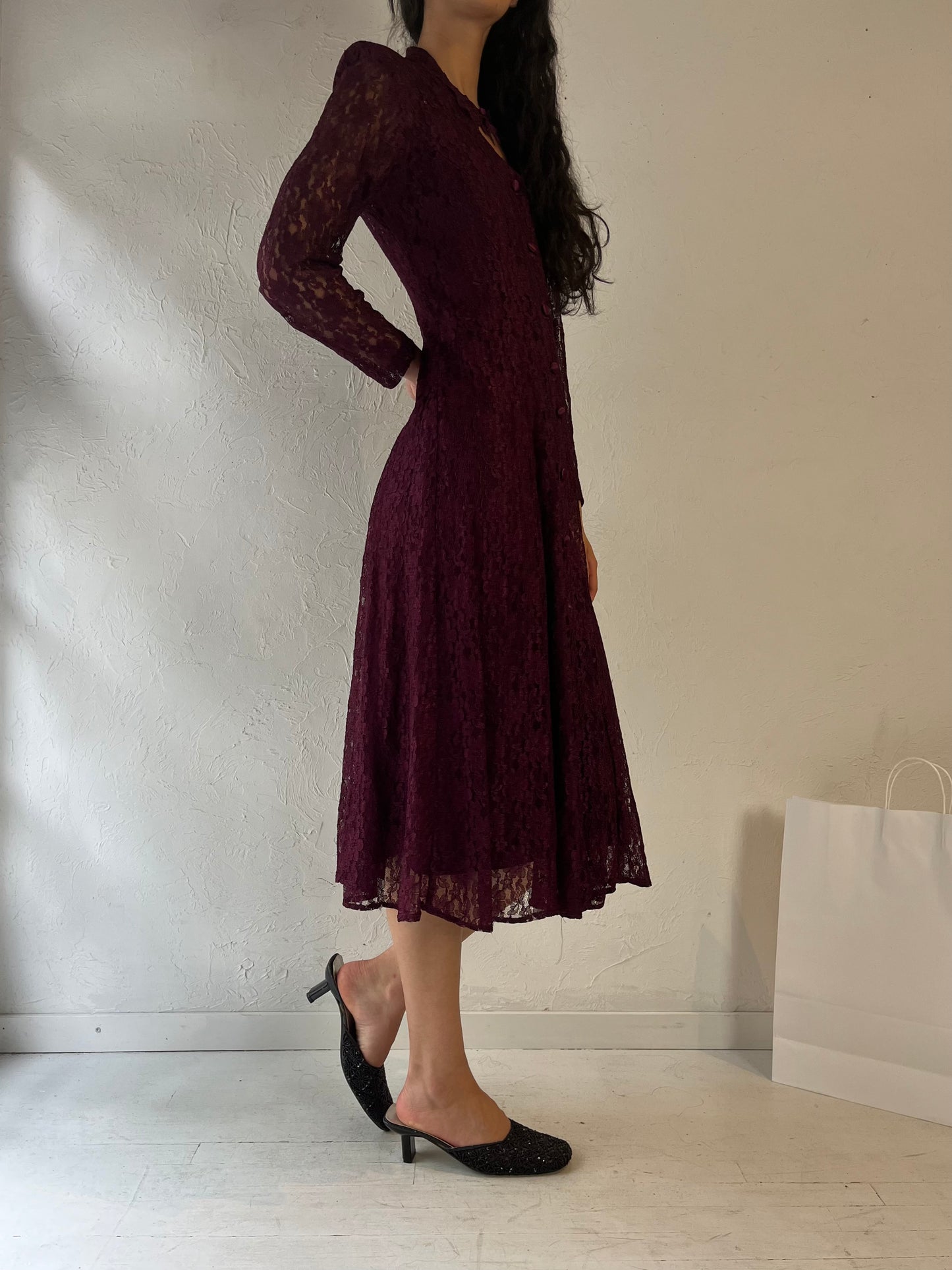 90s 'Dawn Joy' Long Sleeve Burgundy Lace Dress / Small