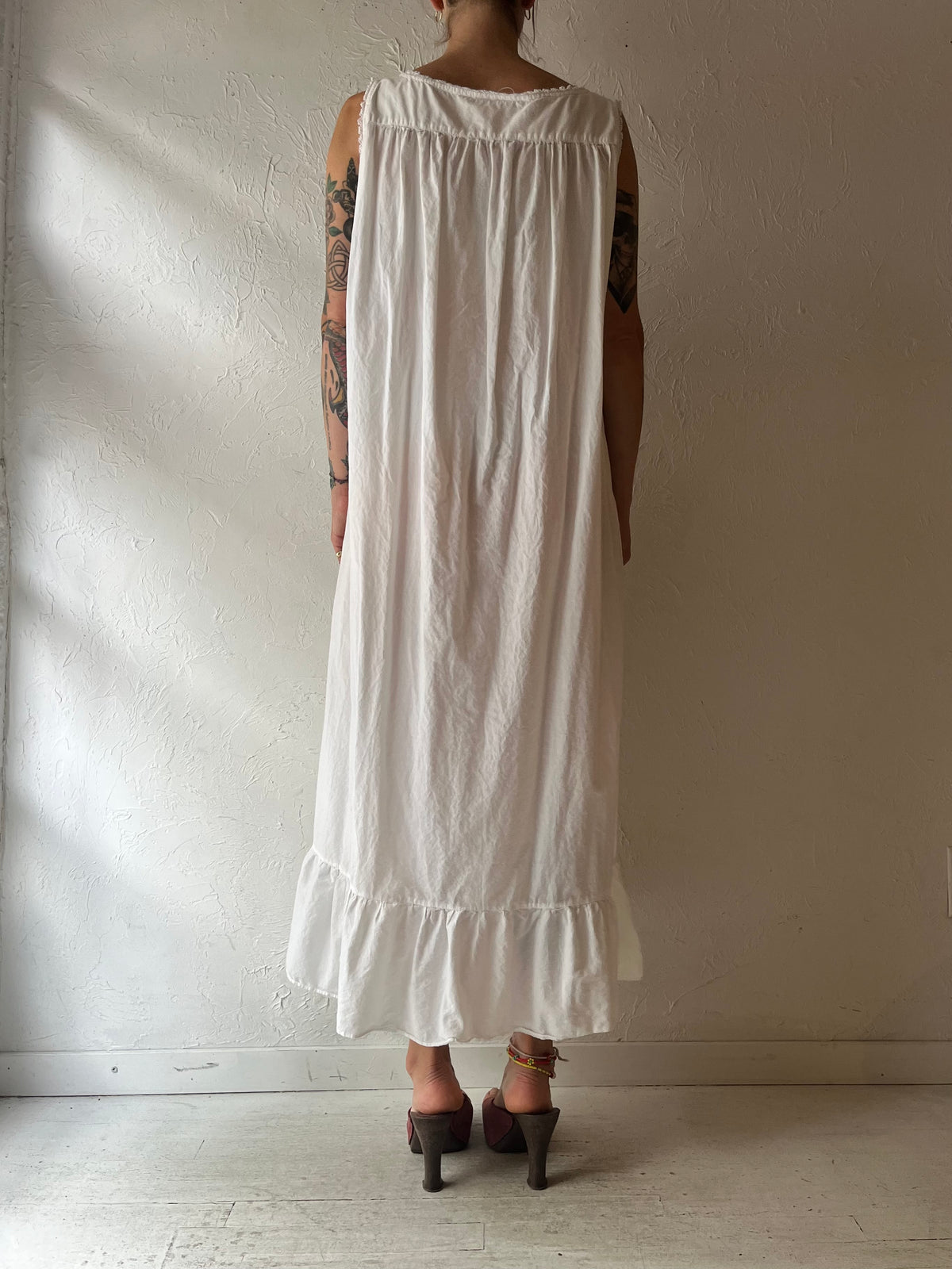 90s 'La Lingerie' White Cotton Nightgown Cottagecore Prairie Romantic Maxi Nighty Dress / Large