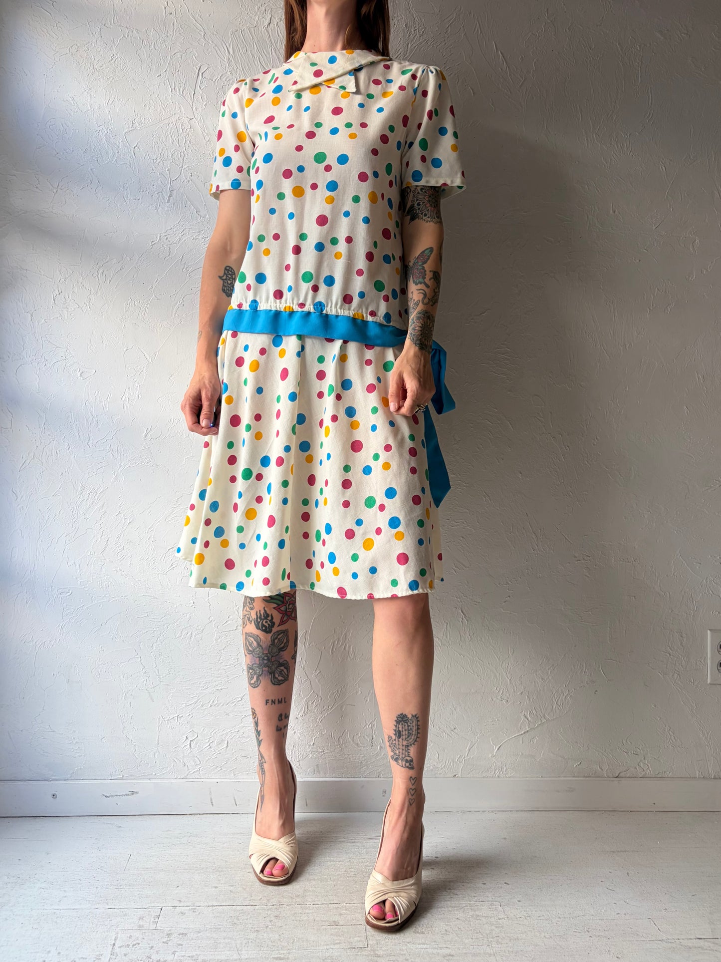 60s White Polka Dot Drop Waist Retro Dress / Medium