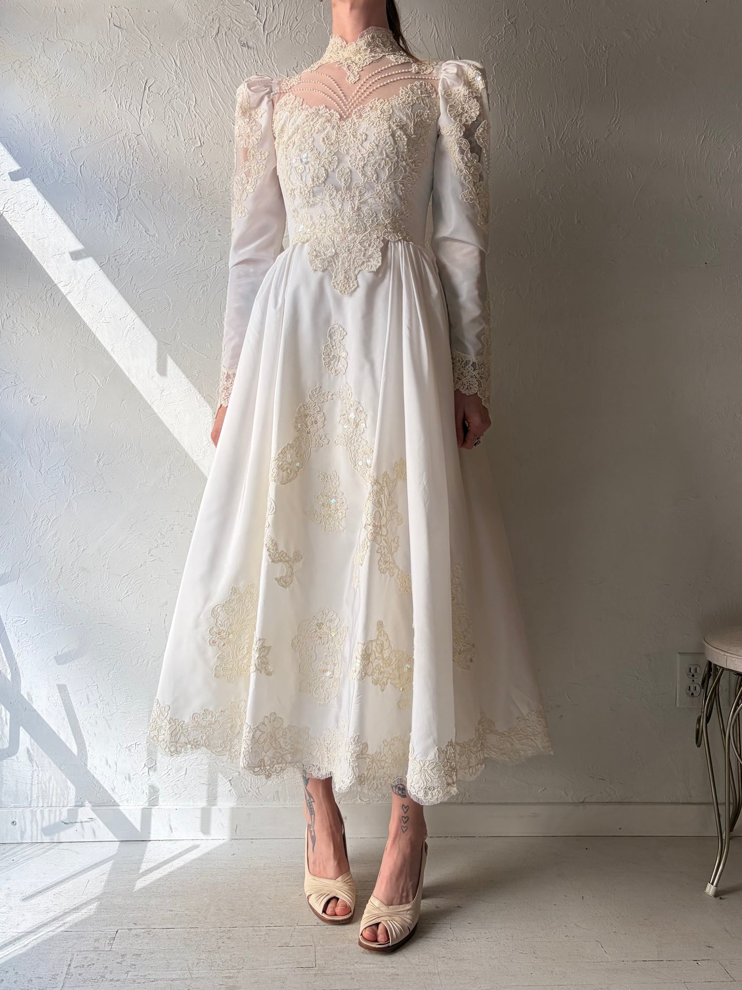 1980s White Long Sleeve Tea Length Wedding Dress / Small