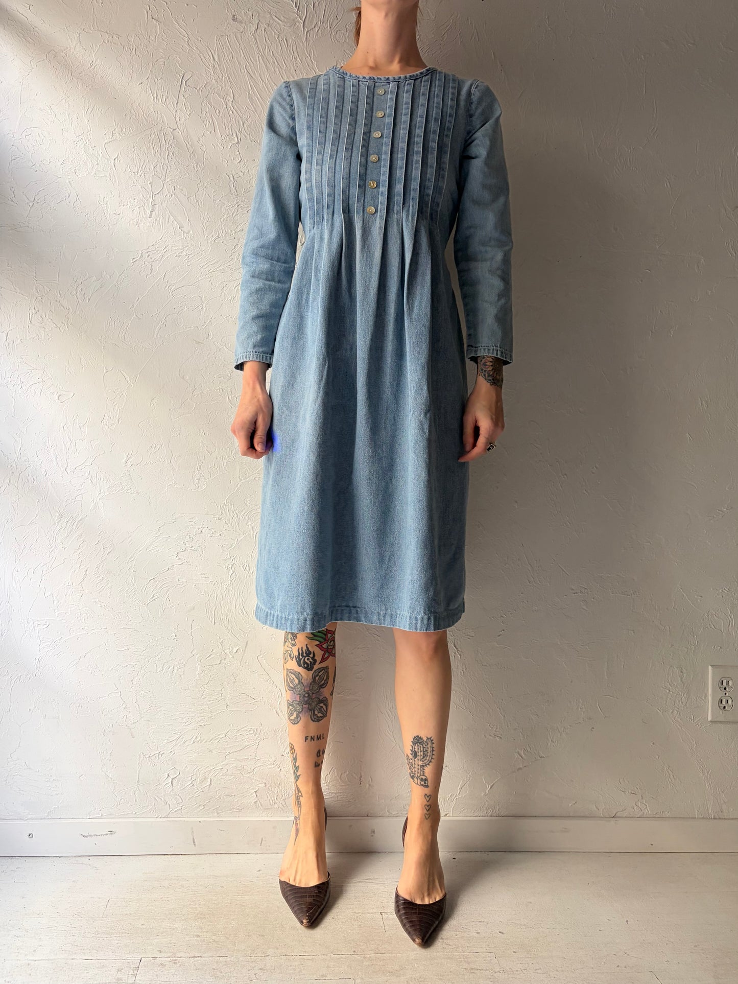 90s 'Studio Ease' Light Denim Western Long Sleeve Midi Dress / Vintage 1990s Cowboy Dress / Small