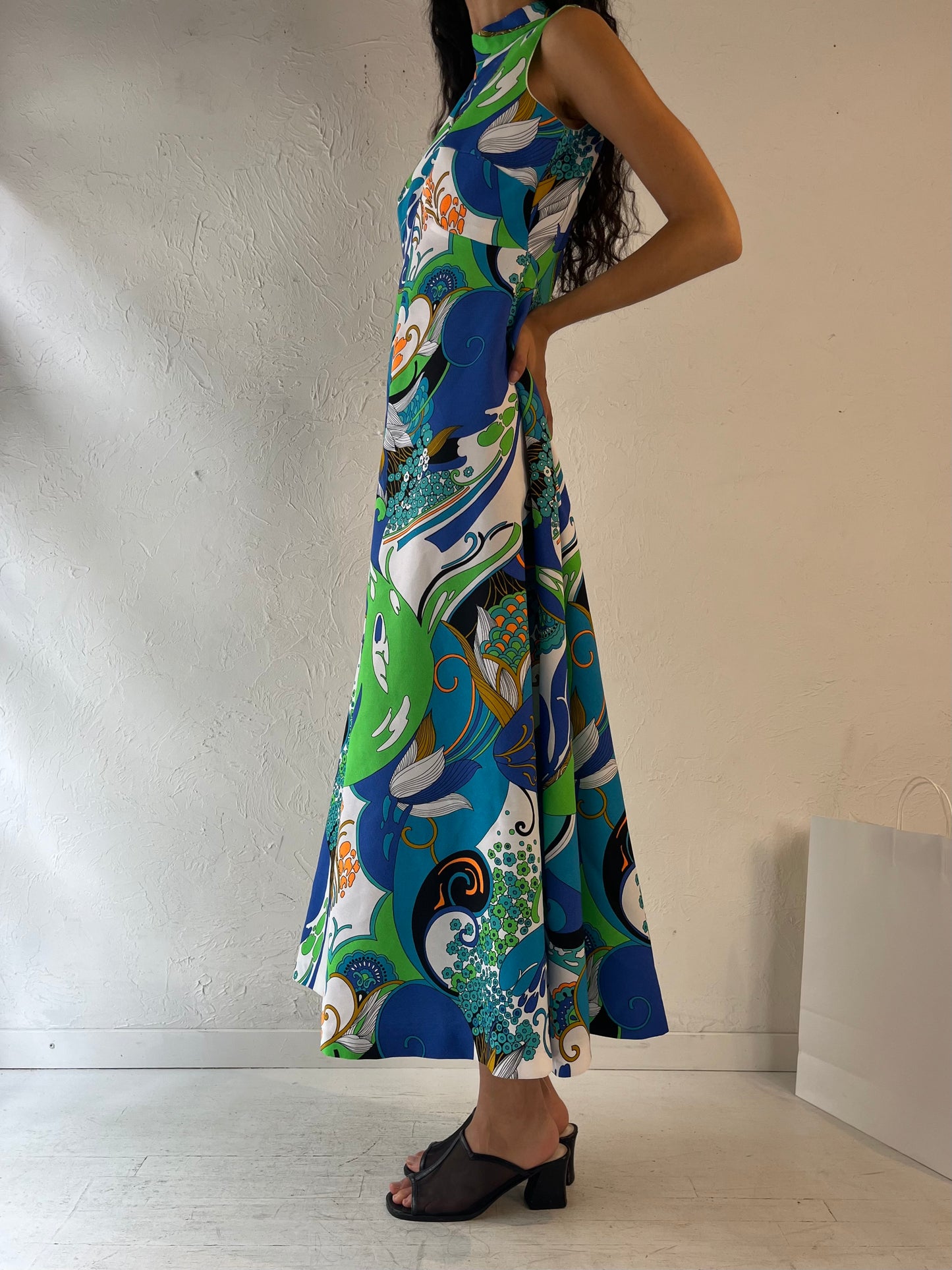 70s 'Miss Joey' Blue Retro Patterned Maxi Dress / Medium