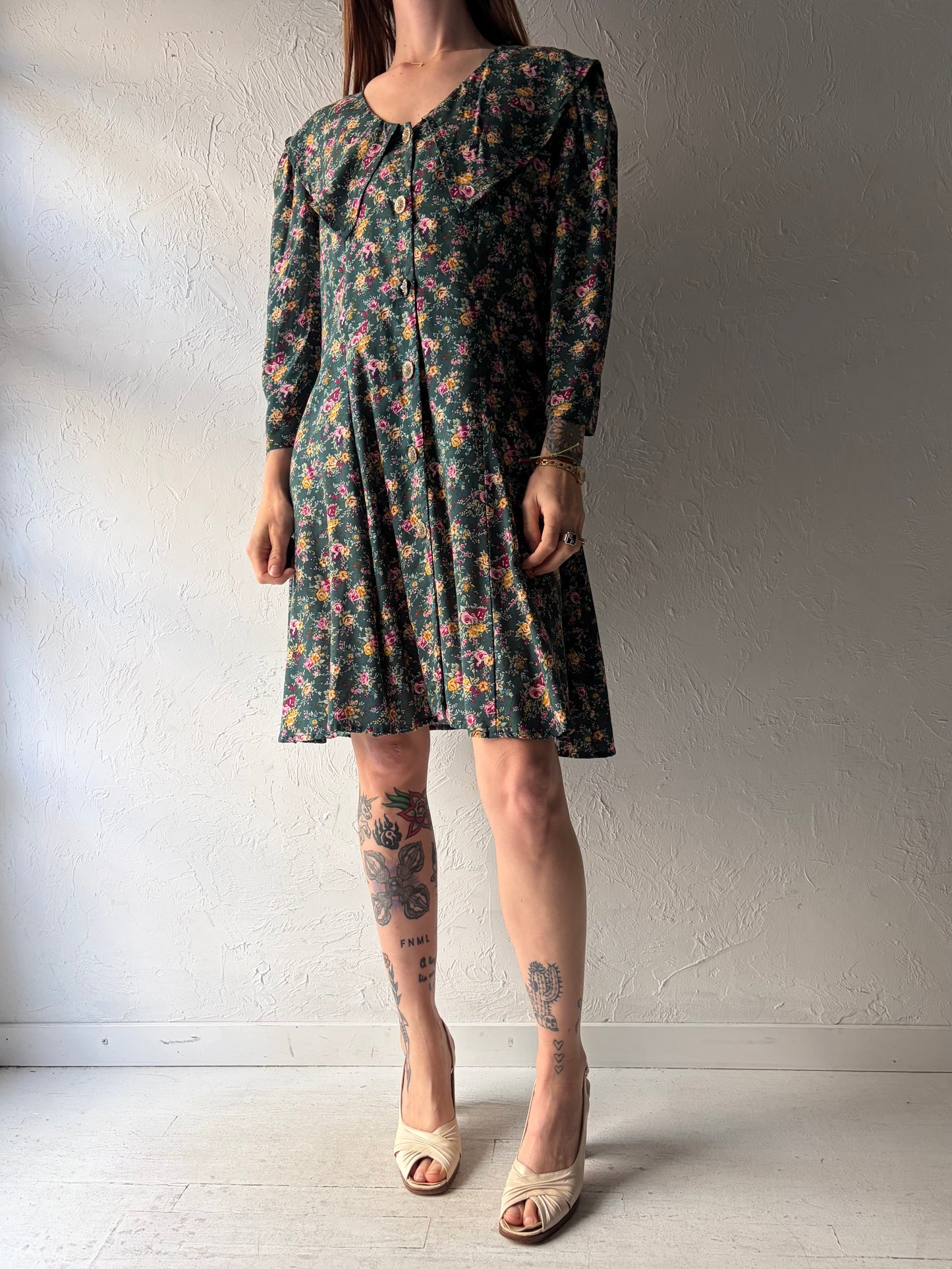 90s 'Paris Sport Club' Green Floral Sailor Spring Dress / Large