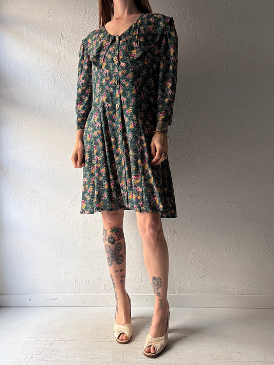 90s 'Paris Sport Club' Green Floral Sailor Spring Dress / Large