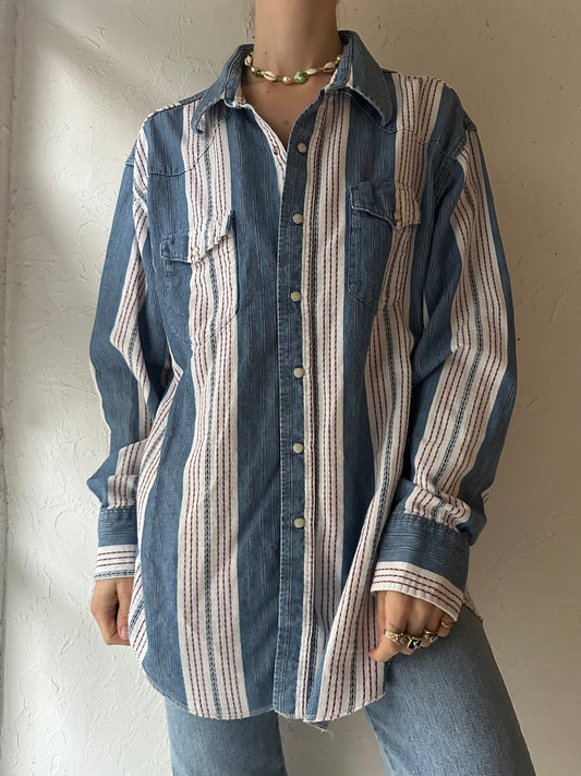 90s 'Wrangler' Striped Pearl Snap Wester Shirt / Large