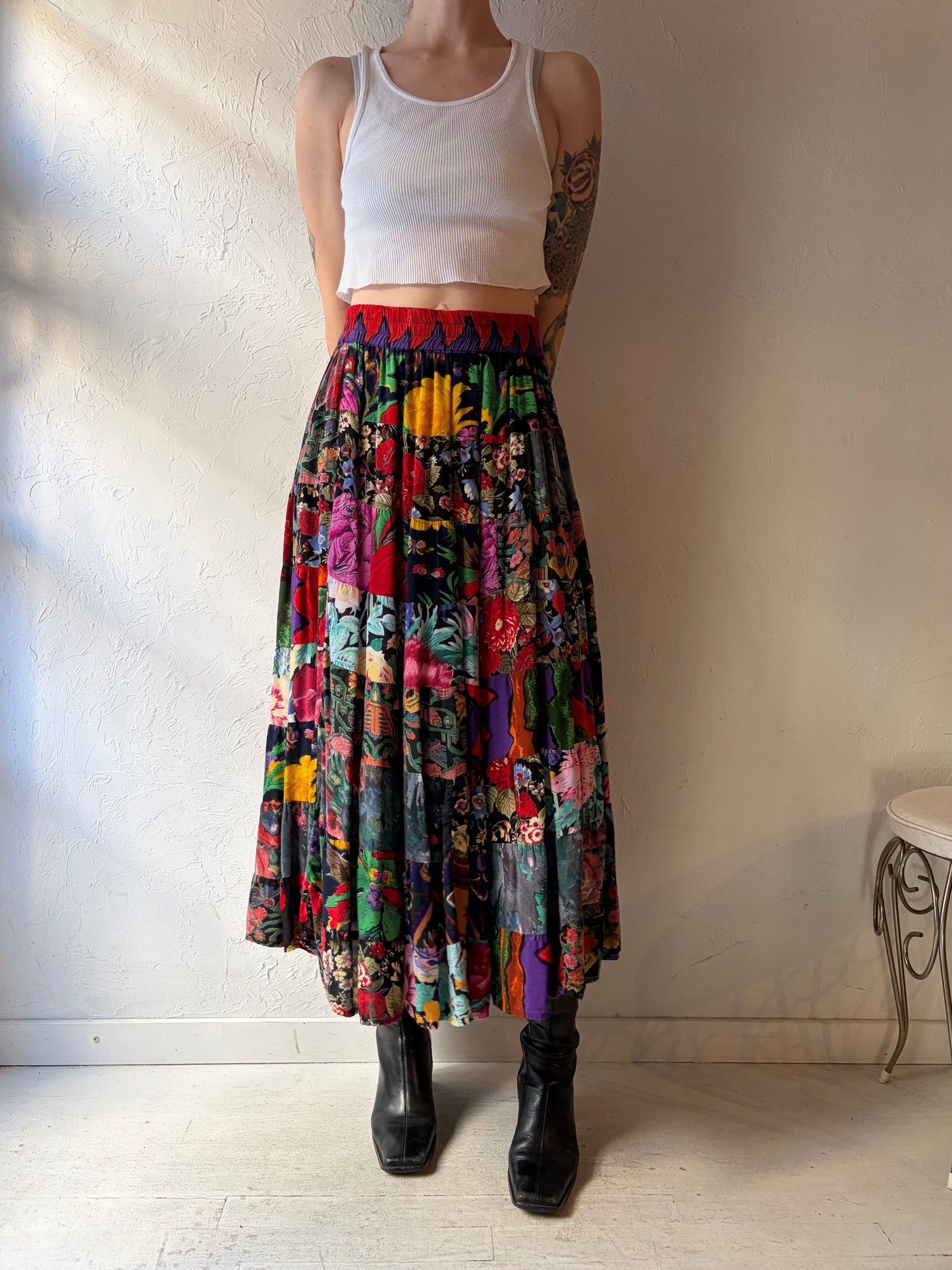 90s 'Billa' Patchwork Rayon Skirt / Small