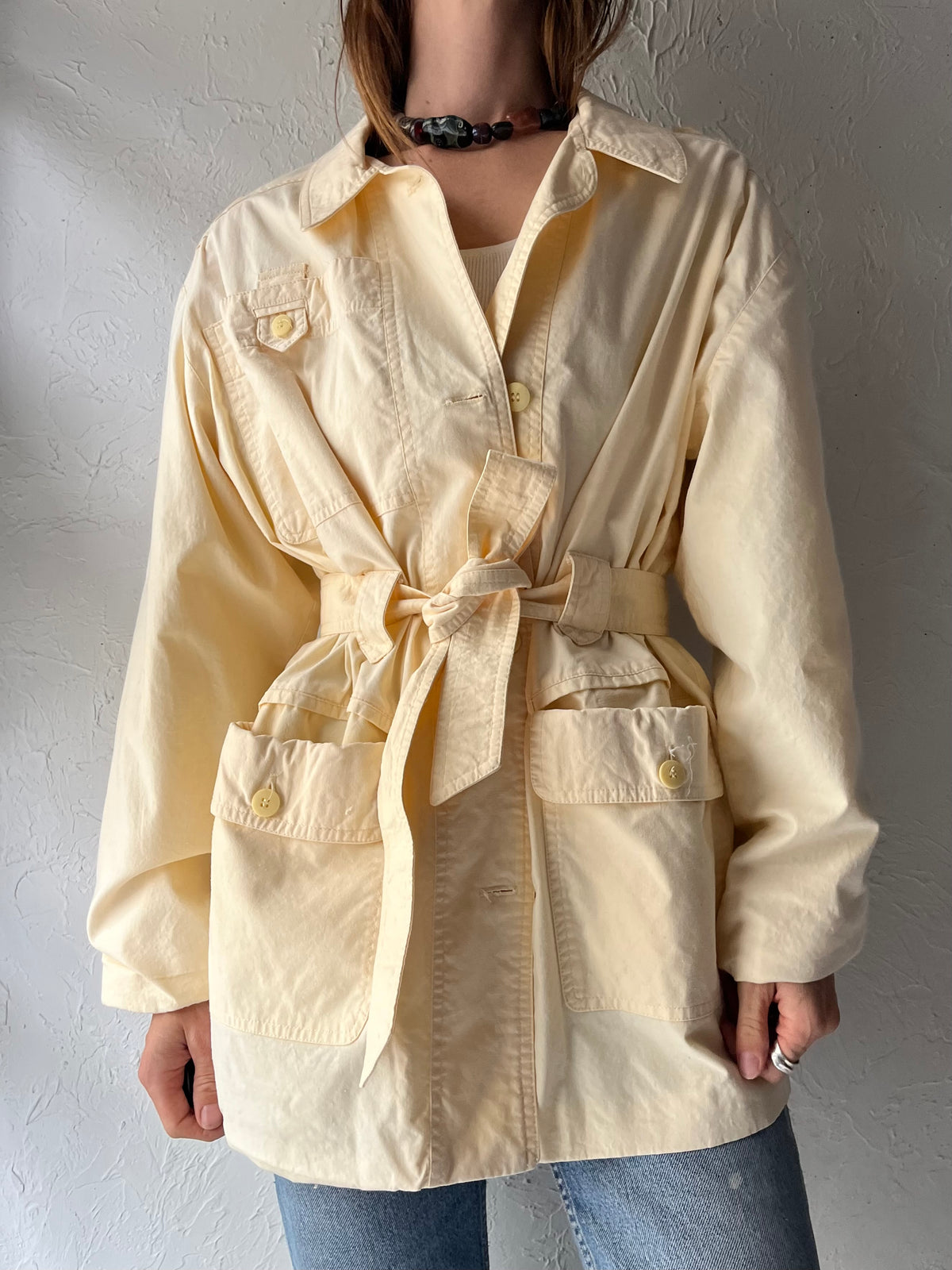 90s 'Craydon' Butter Yellow Belted Utility Jacket Safari Minimalist Spring Outerwear / Medium