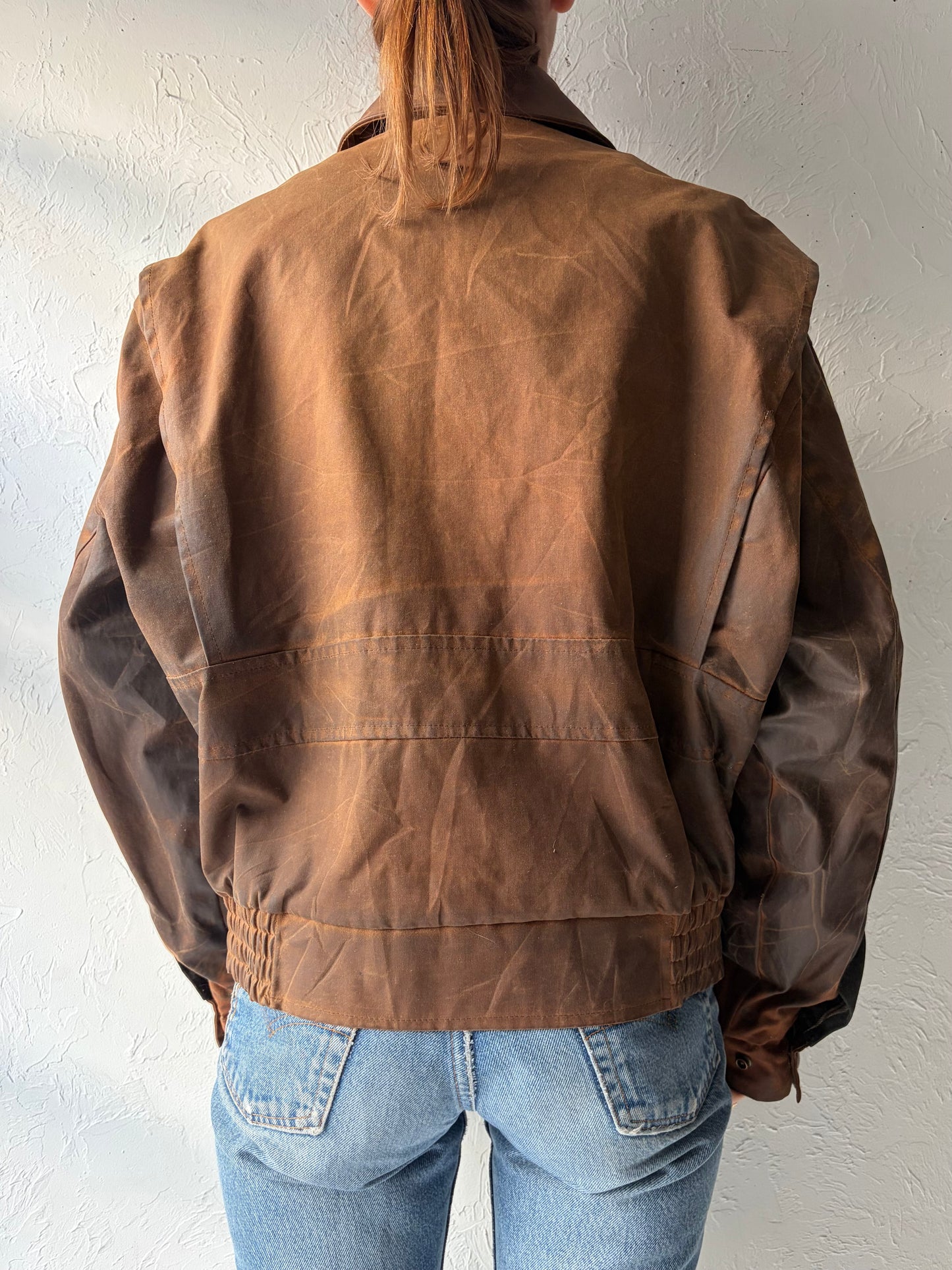 90s 'RCMP' Brown Waxed Workwear Bomber Jacket / Vintage 1990s Canadian Police Style Oilskin Canvas Utility Outerwear / Medium